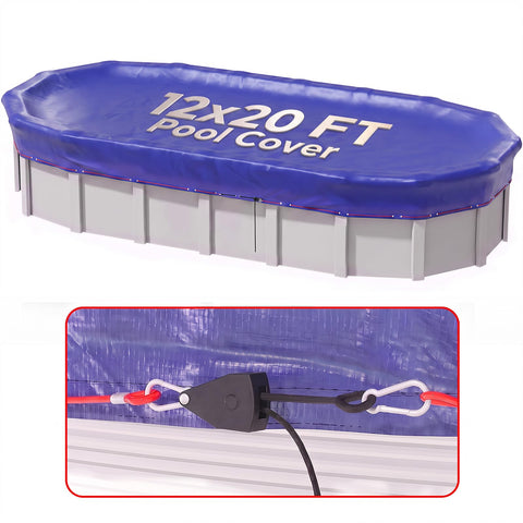 SUMMERBUDDY vista frontal de la cubierta 12x20 FT protegiendo piscina, protección integral
