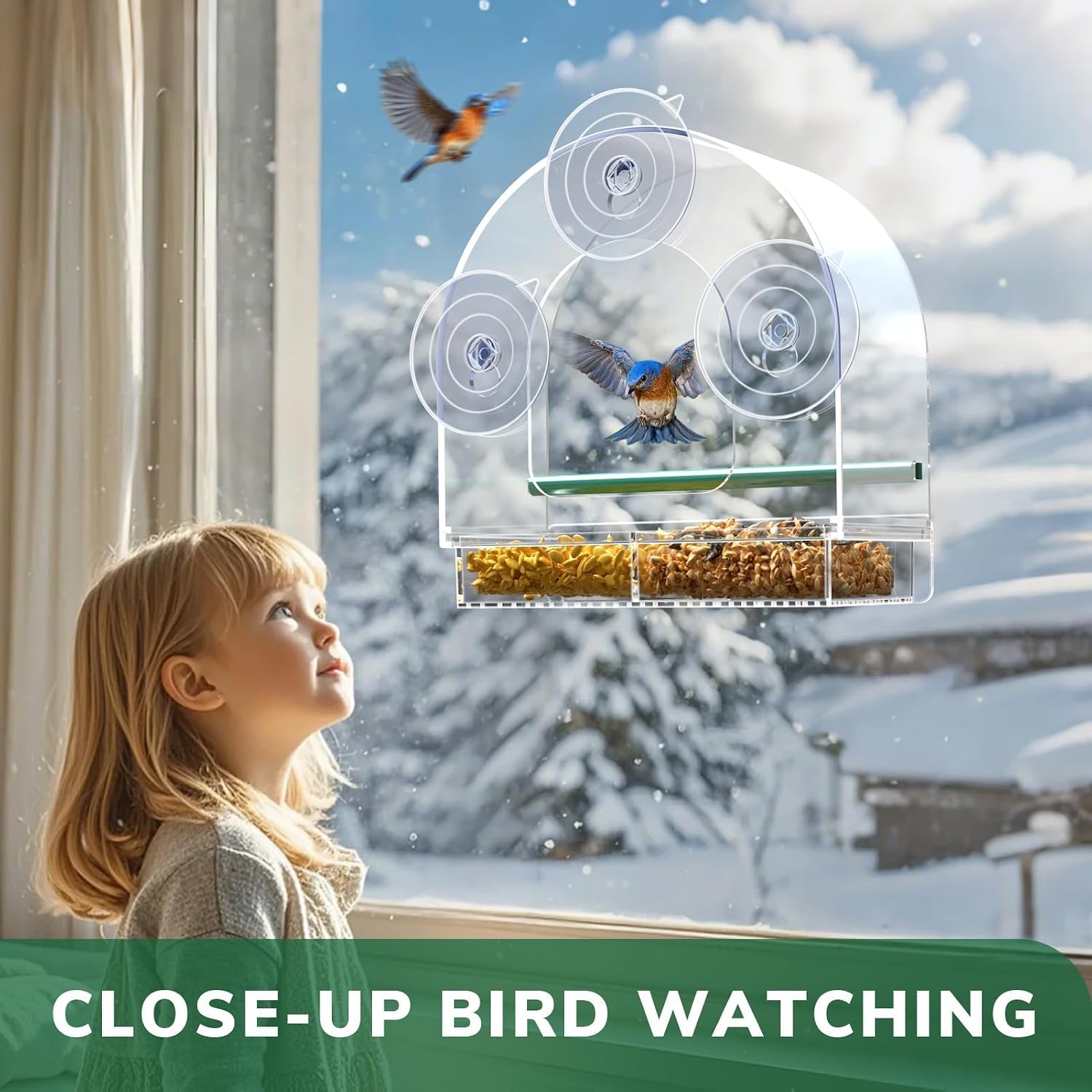 SUNALLY escena doméstica con niños observando aves desde la ventana