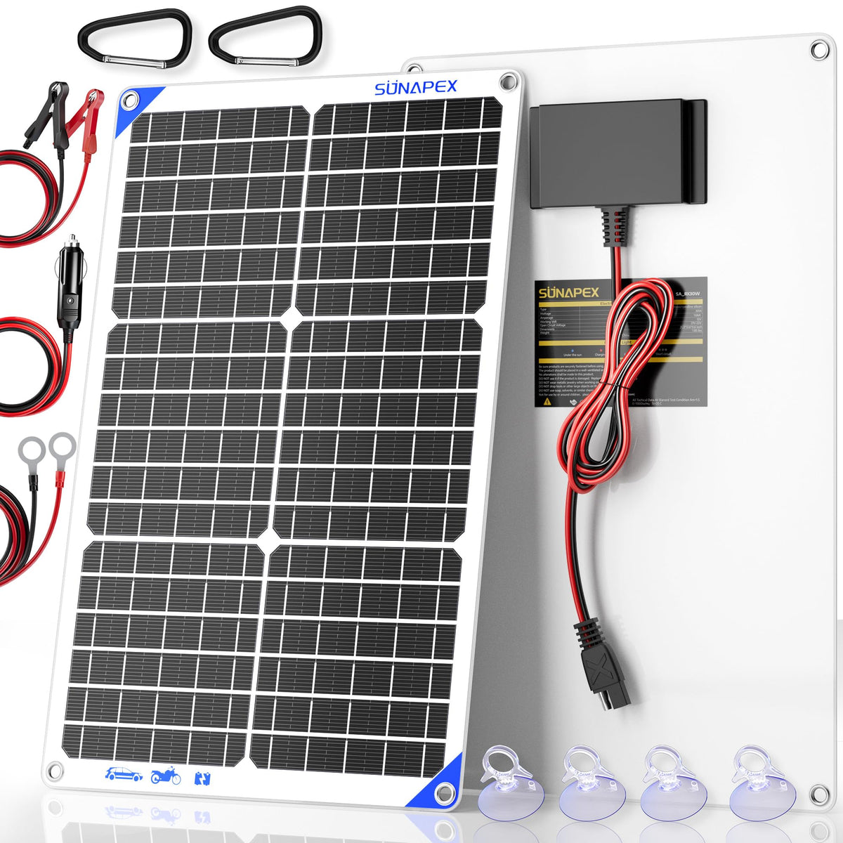 SUNAPEX panel frontal mostrando diseño y portabilidad, mantiene baterías listas