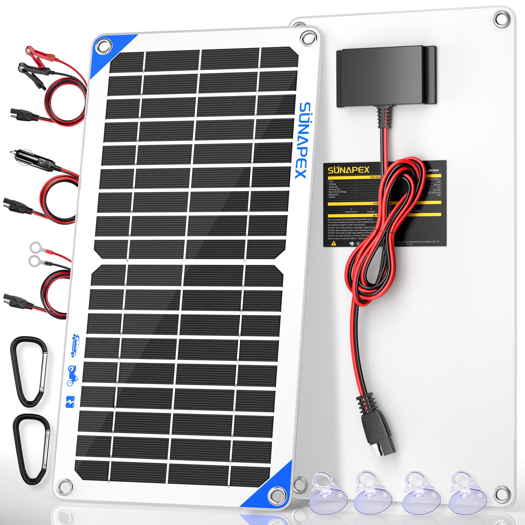 SUNAPEX vista frontal del panel y embalaje, mantiene batería siempre lista