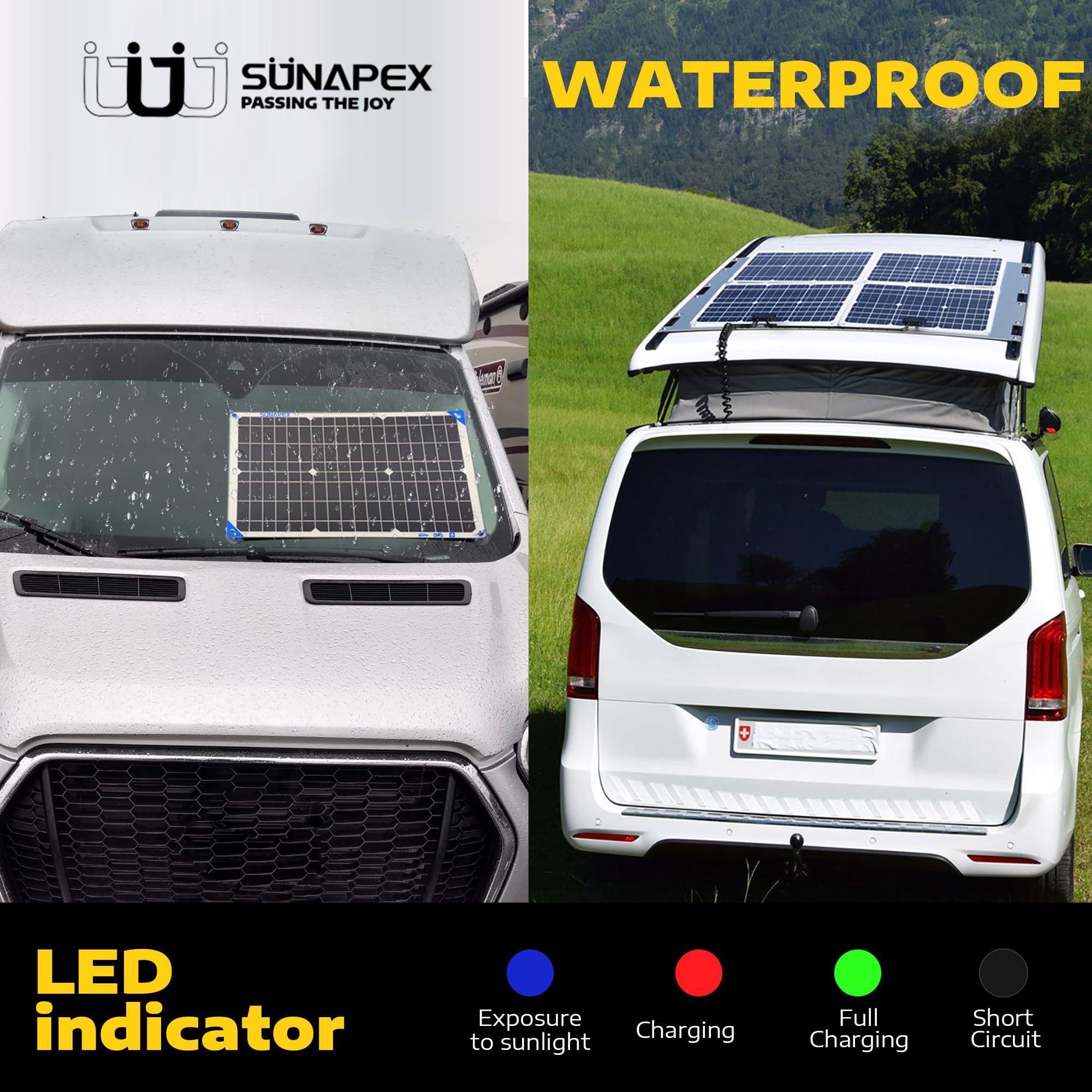 SUNAPEX panel colgado en exterior junto a embarcación, resistente al clima