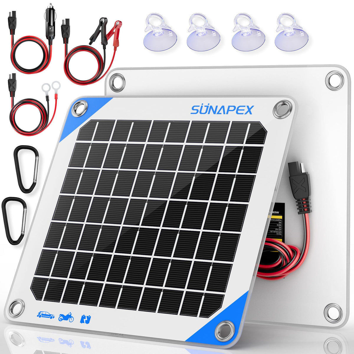 SUNAPEX panel frontal mostrando superficie monocristalina y eficiencia