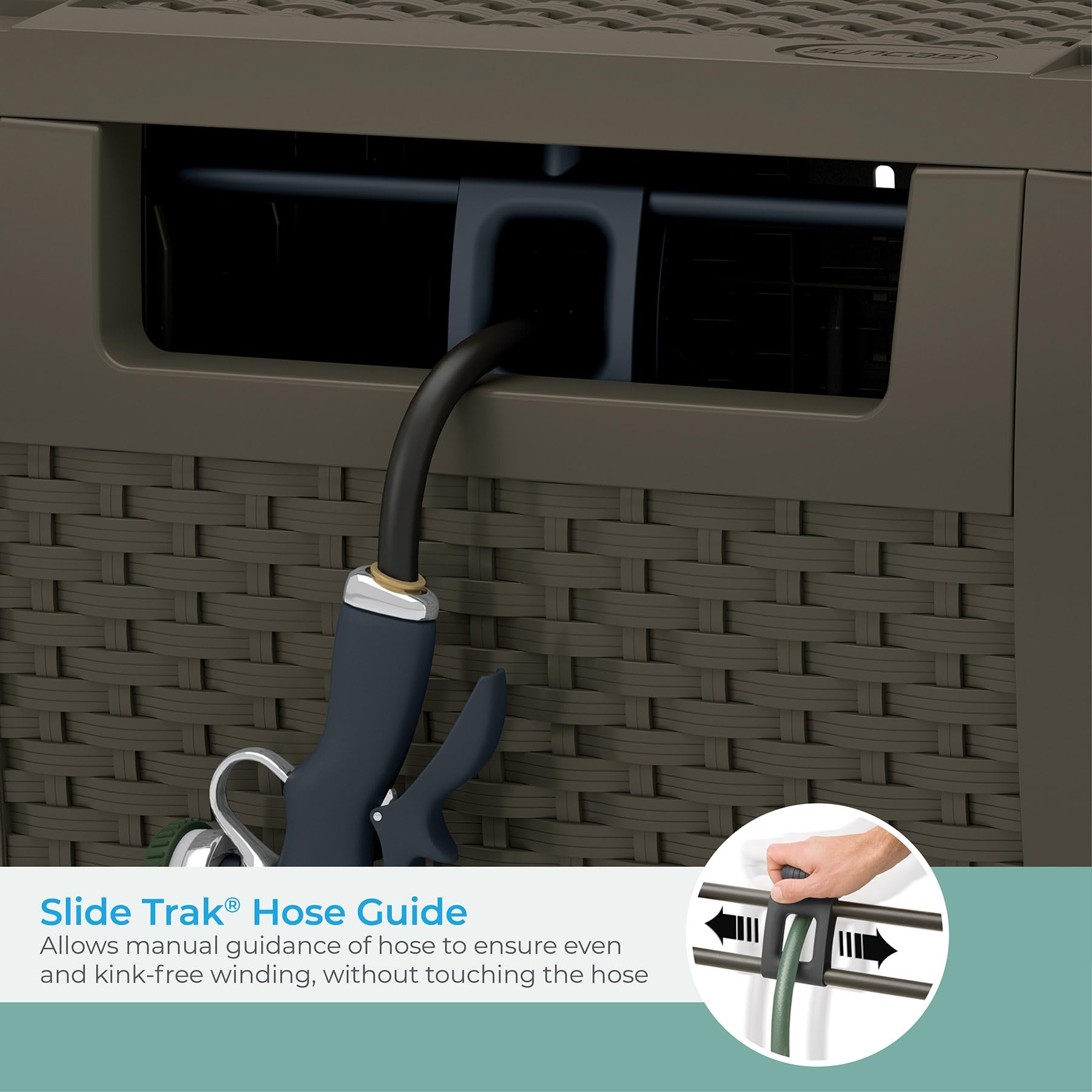 Suncast detalle de la manivela y guía Slide Trak que evita enredos
