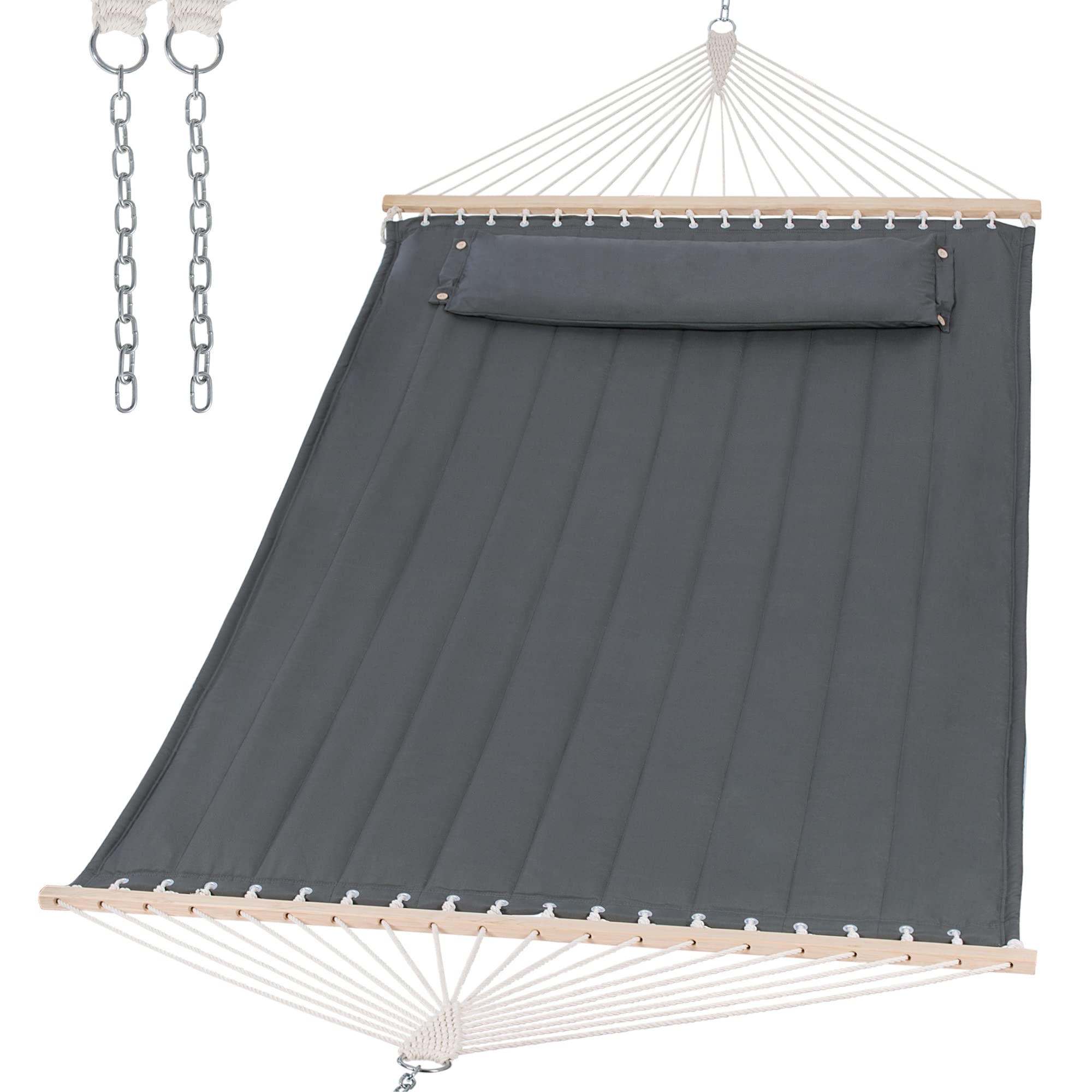 SUNCREAT hamaca frontal gris mostrando diseño doble y confort
