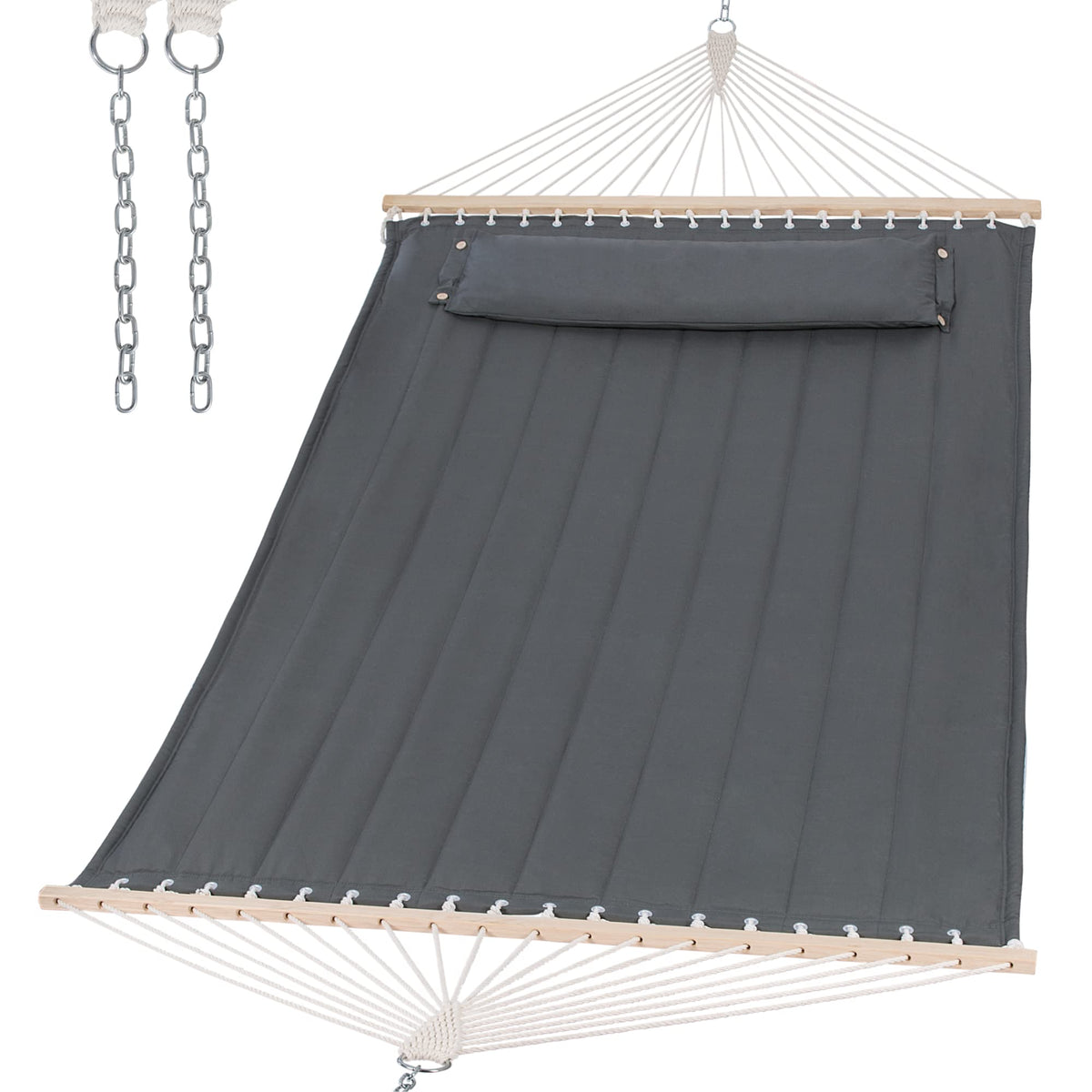 SUNCREAT hamaca frontal gris mostrando diseño doble y confort