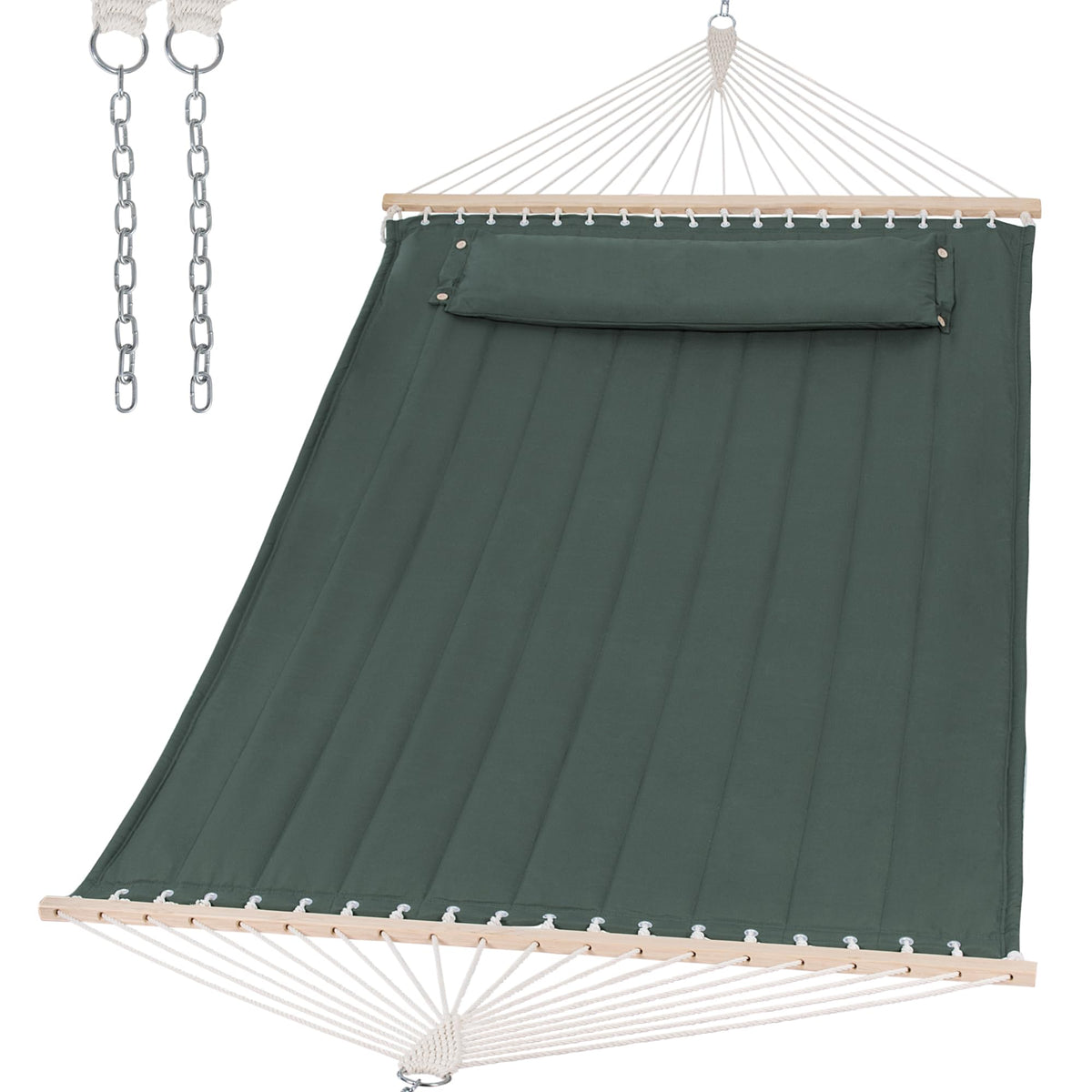 SUNCREAT hamaca frontal verde gris mostrando cama doble y acolchado, confort ampliado