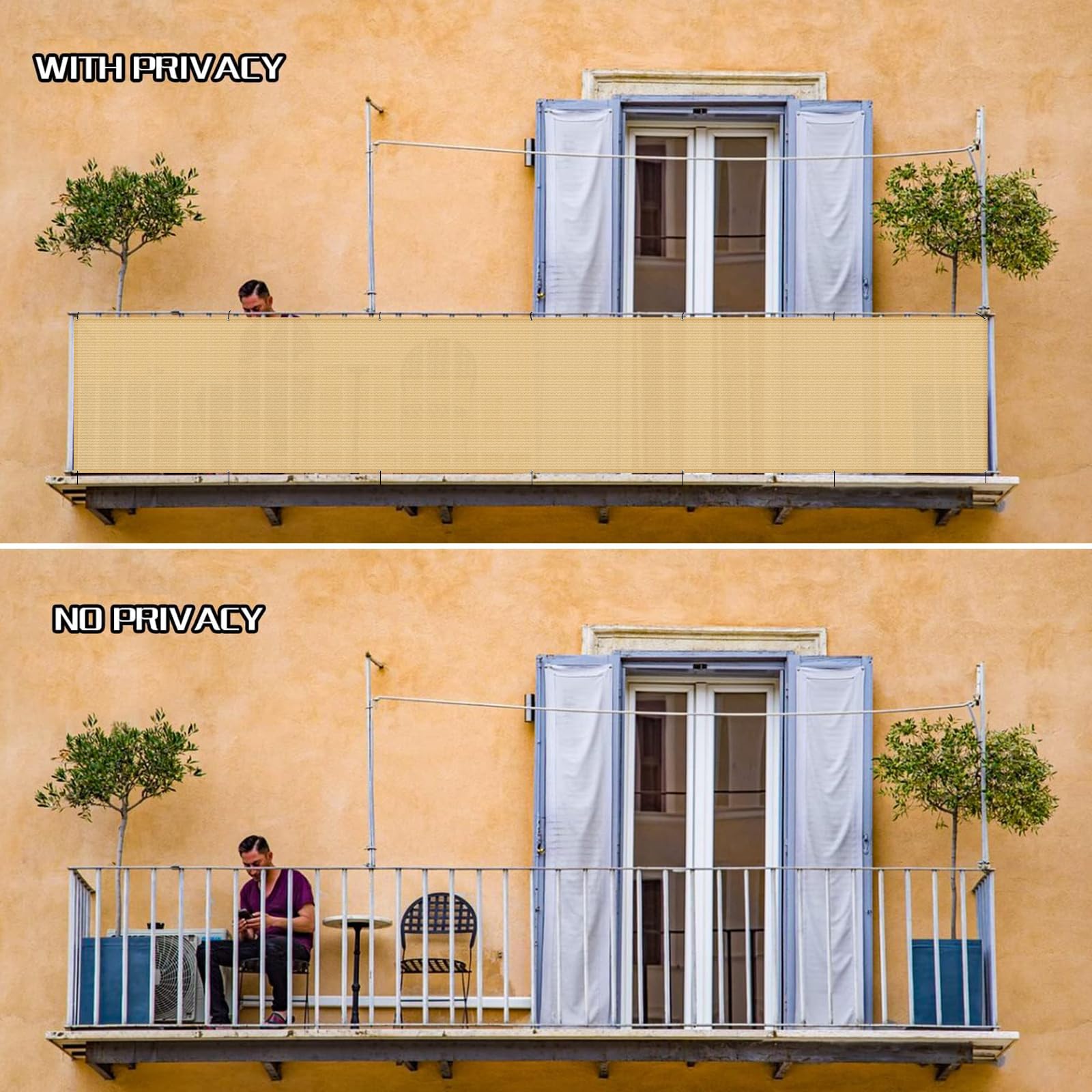 SUNLAX comparación de tamaño 3'x16' junto a baranda para visualización de escala