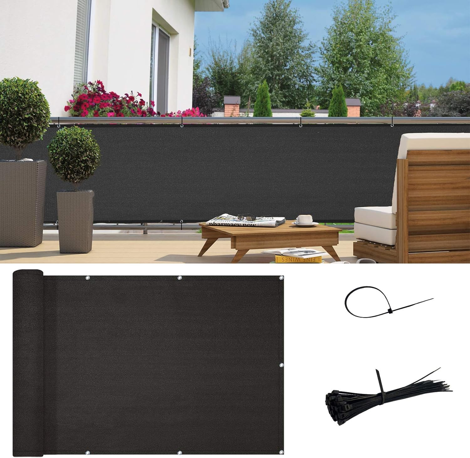 SUNNY GUARD ambiente de terraza con planta y mesas mejorando privacidad