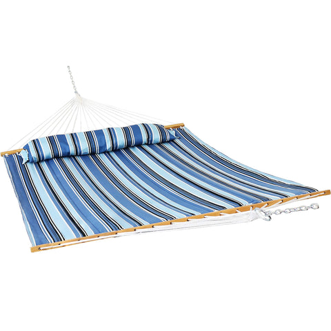 Sunnydaze hamaca doble frontal mostrando cama amplia y colores vivos, comodidad inmediata
