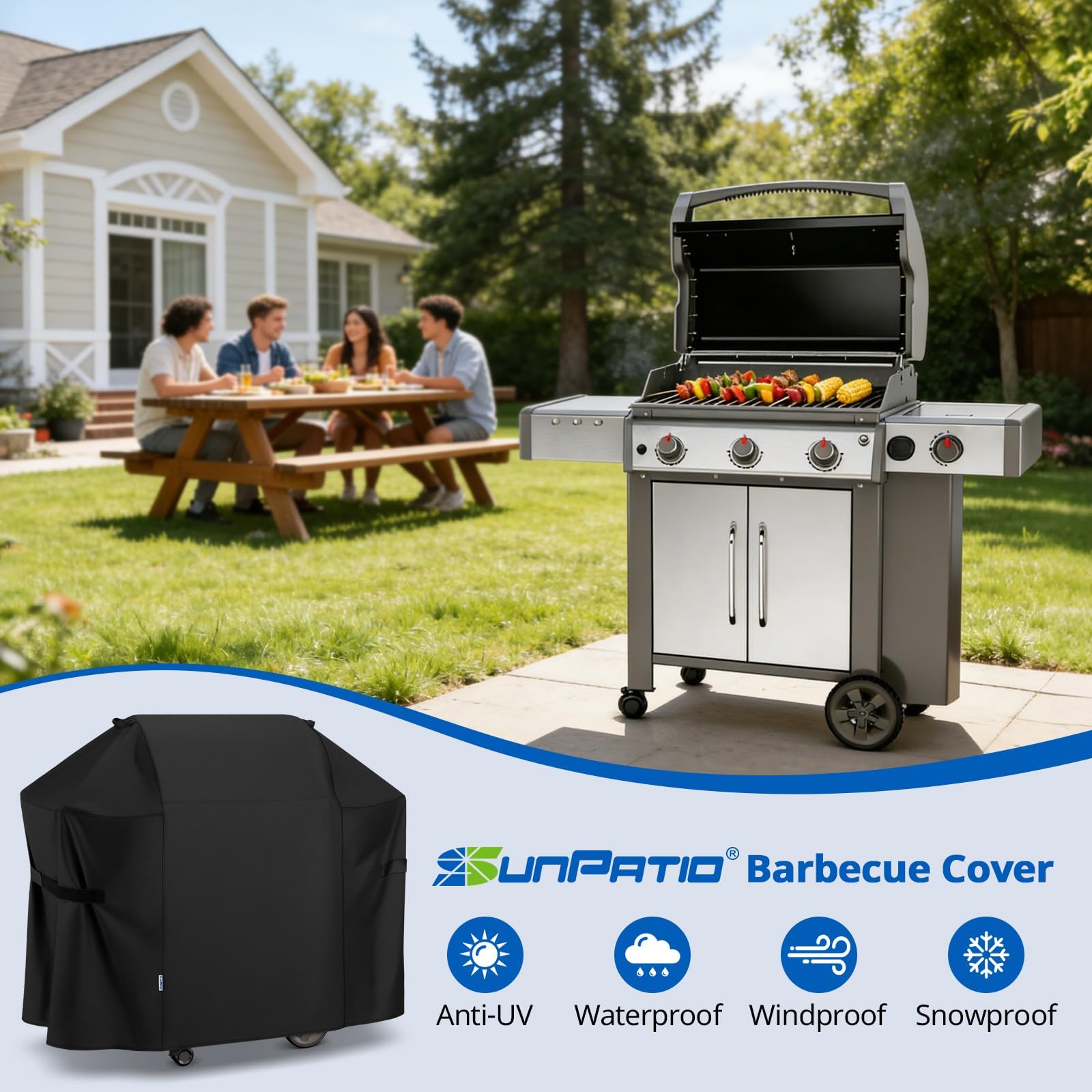 SunPatio funda cubriendo parrilla con nieve para protección total
