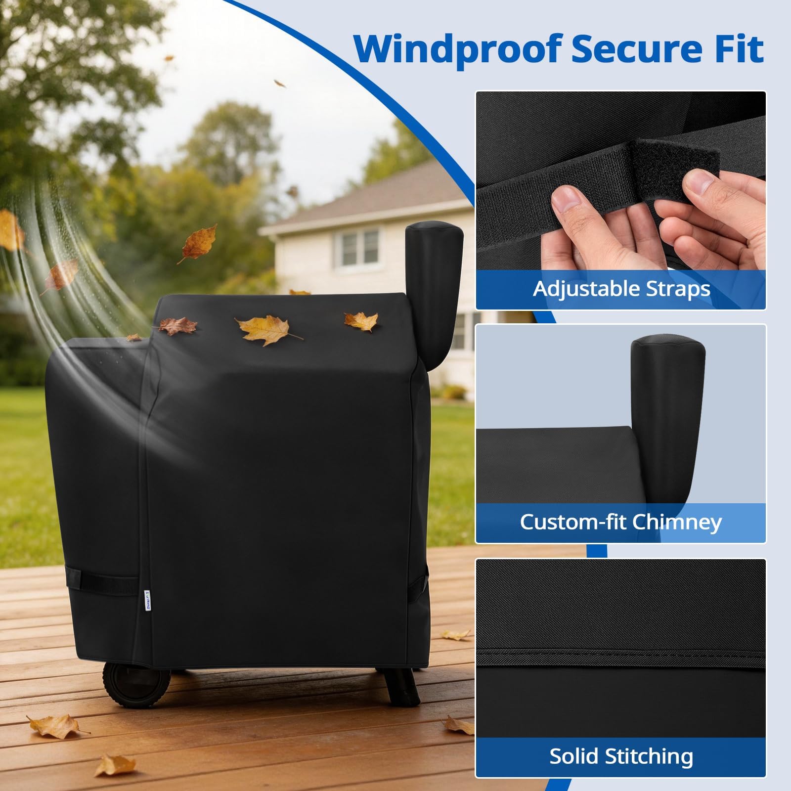 SunPatio funda colocada sobre parrilla en uso, mantiene limpieza exterior