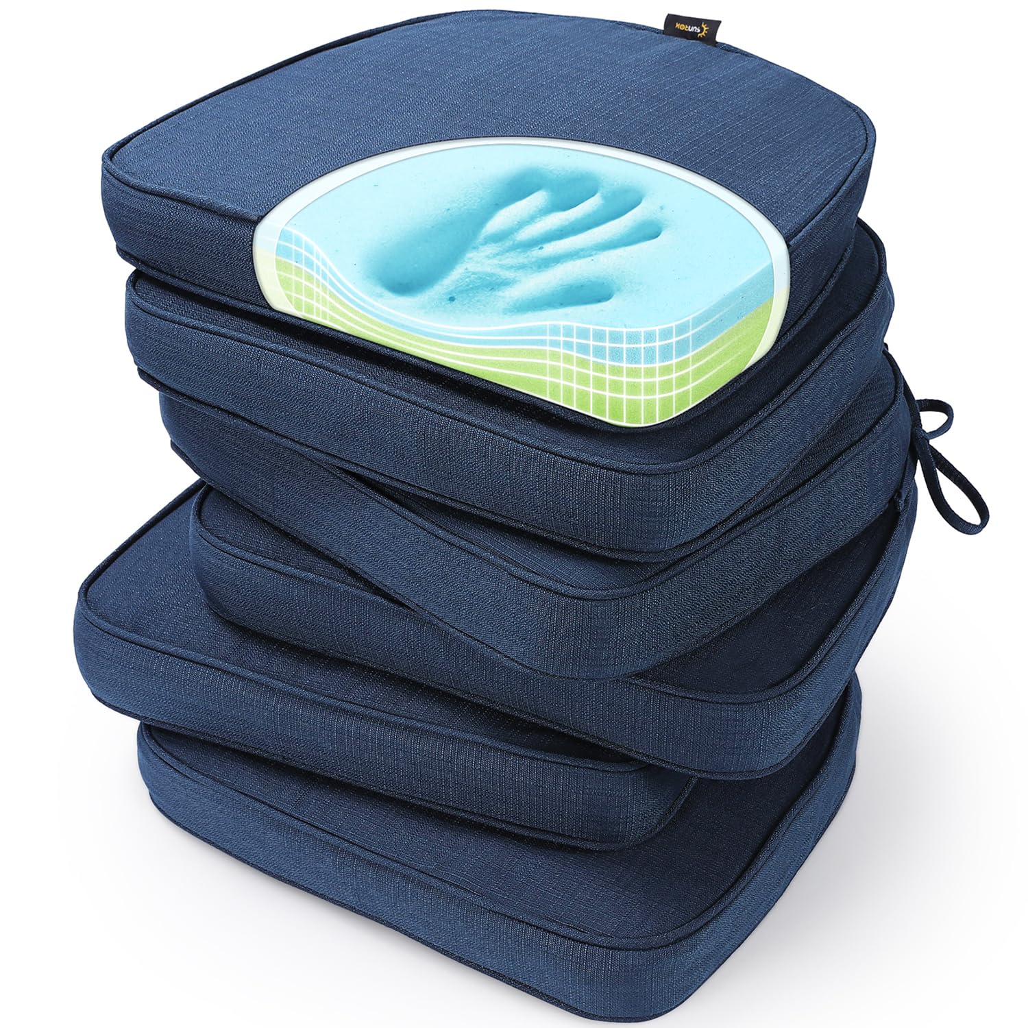 SUNROX vista frontal del set de seis cojines para comedor con acabado resistente