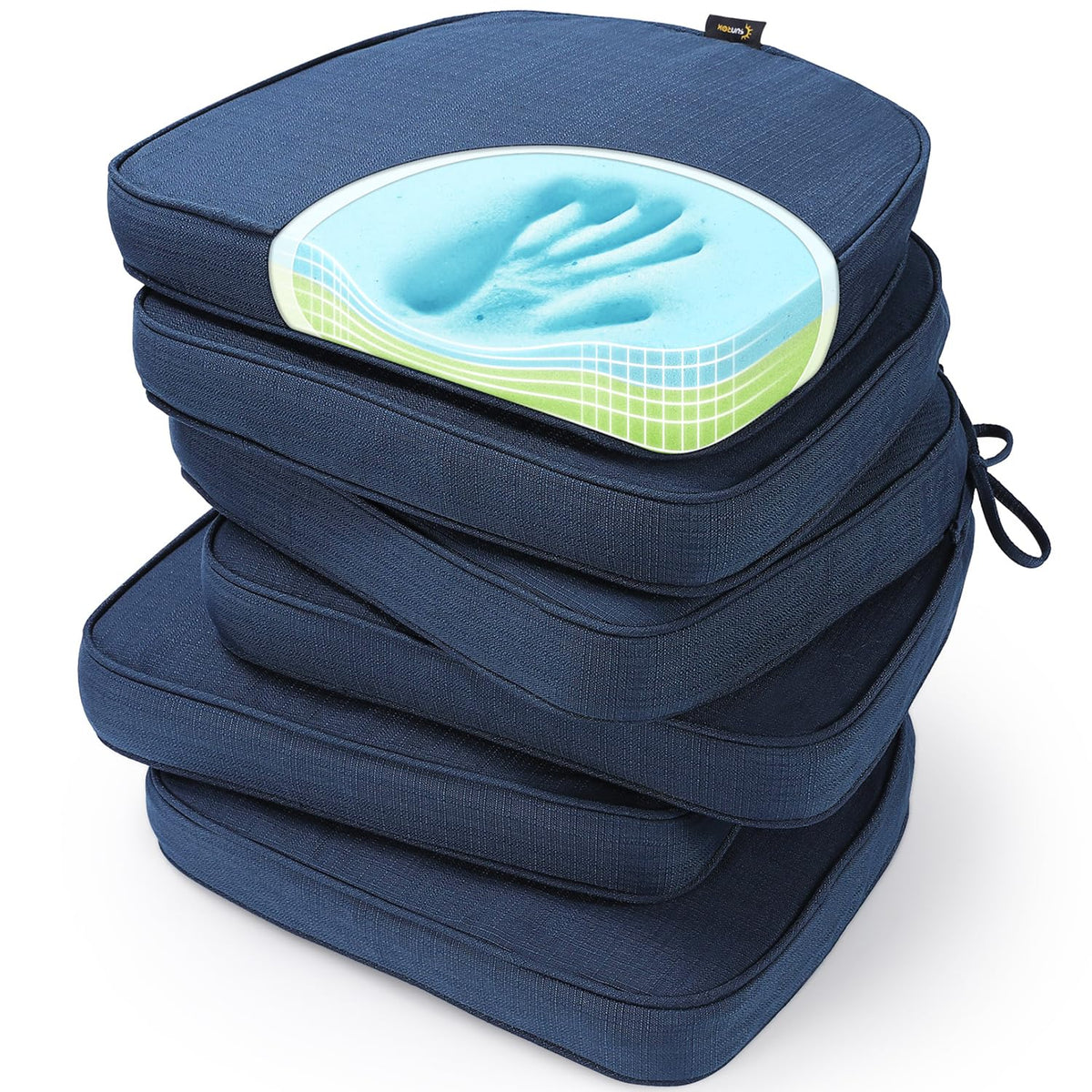 SUNROX vista frontal del set de seis cojines para comedor con acabado resistente