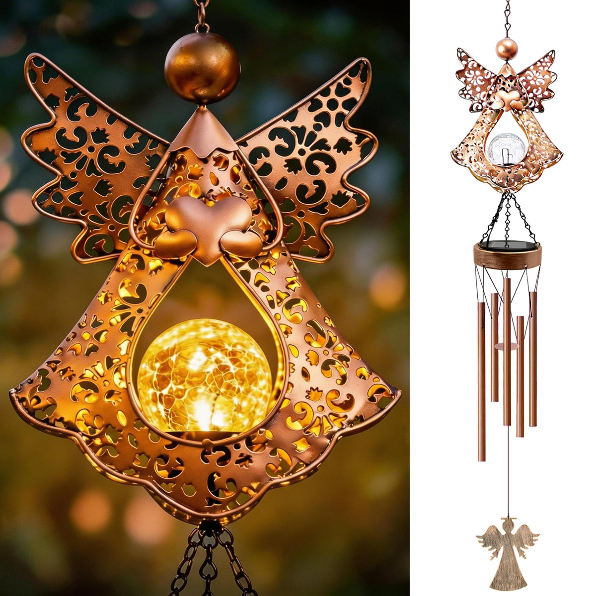 Supdeco ángel solar frontal mostrando luz cálida y estética ornamental
