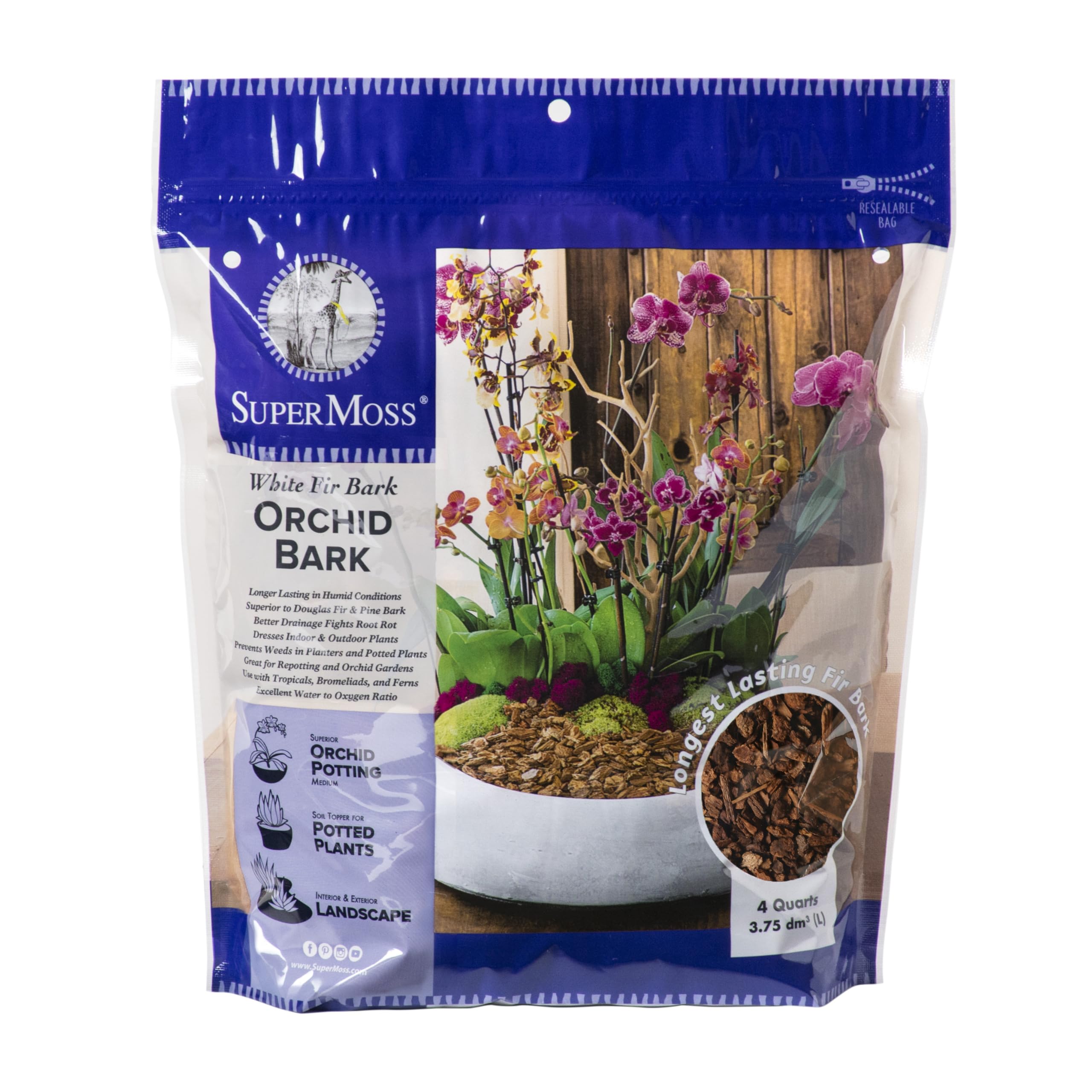 SuperMoss bolsa frontal mostrando corteza para orquídeas y drenaje mejorado