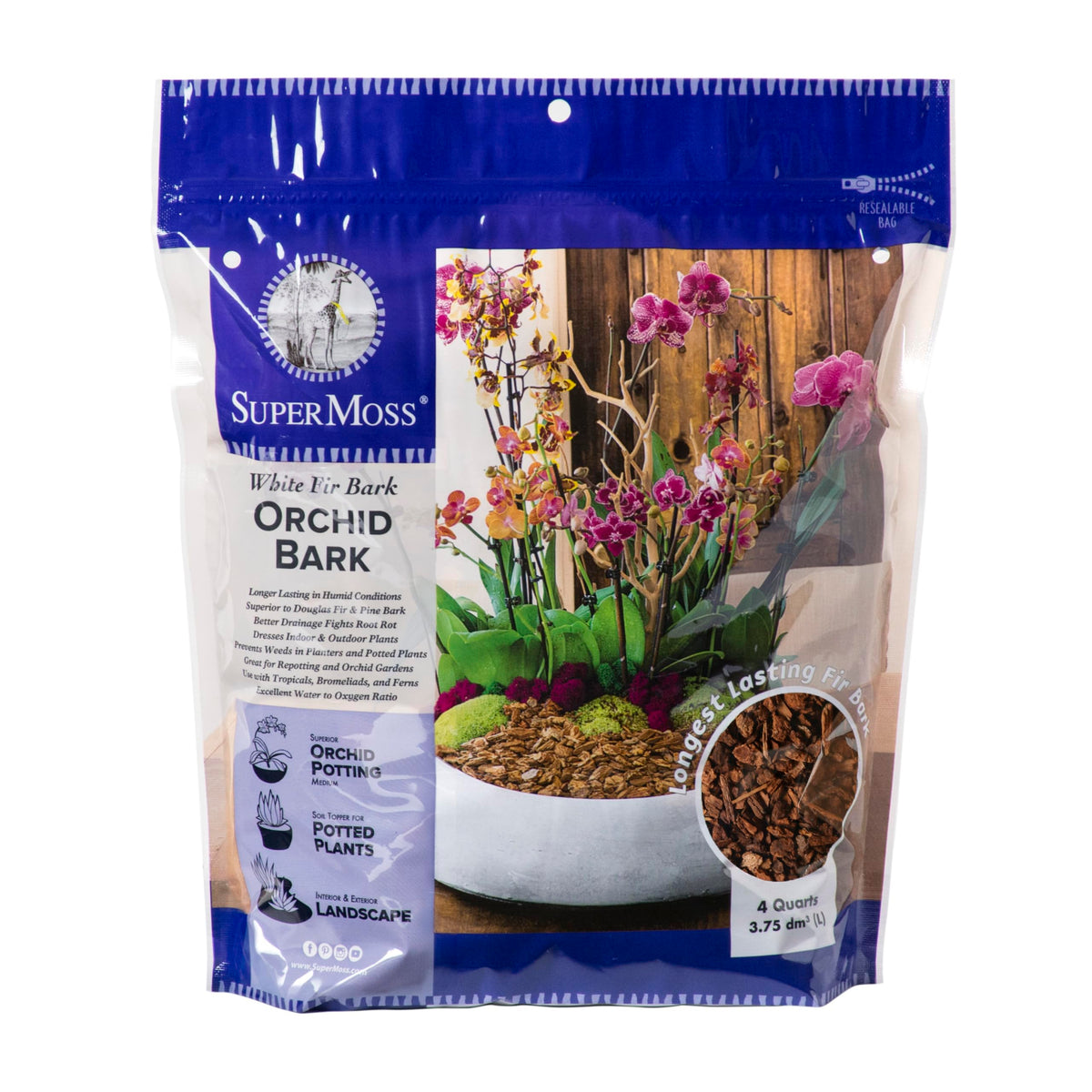 SuperMoss bolsa frontal mostrando corteza para orquídeas y drenaje mejorado