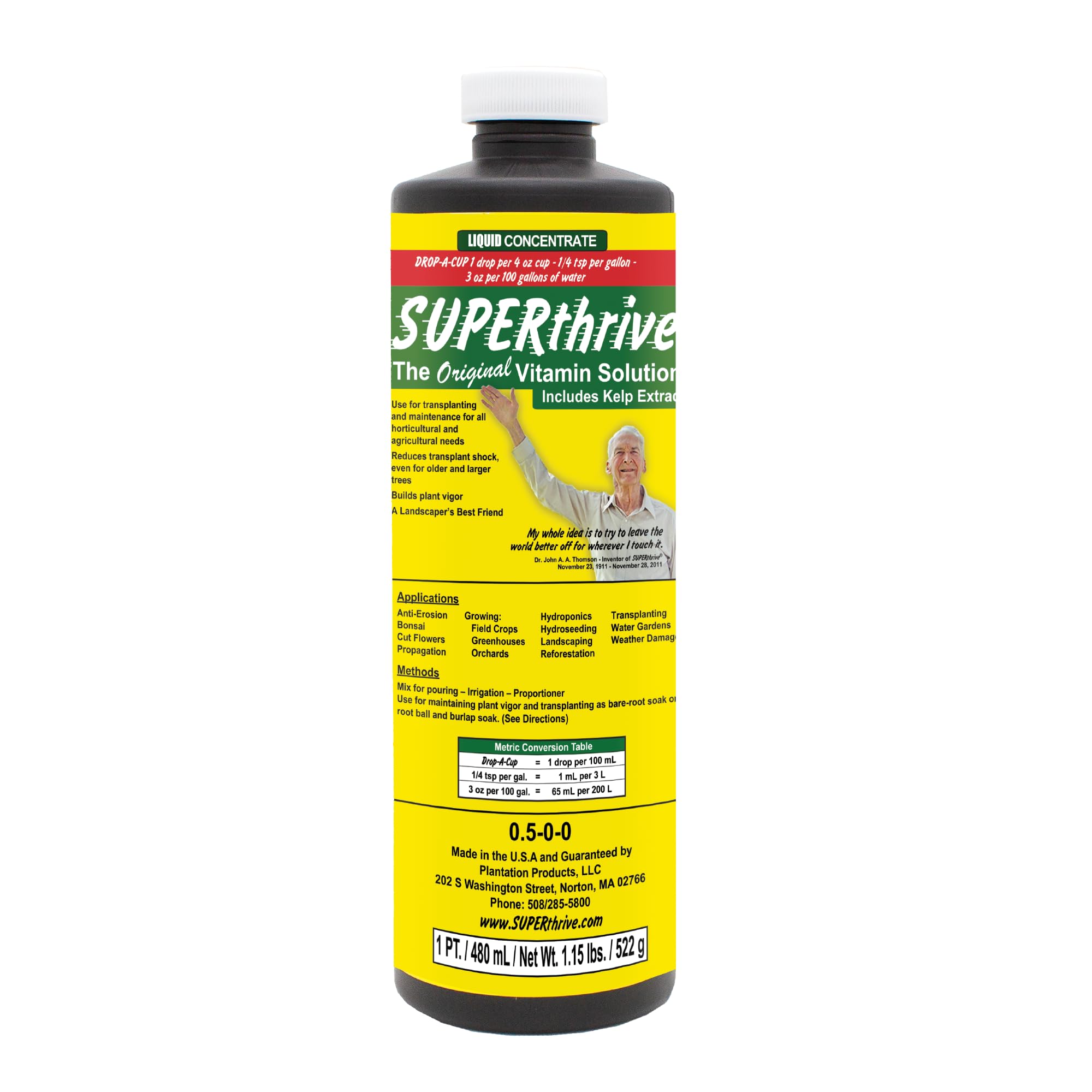 SUPERthrive botella frontal mostrando diseño y dosis clara para jardinería