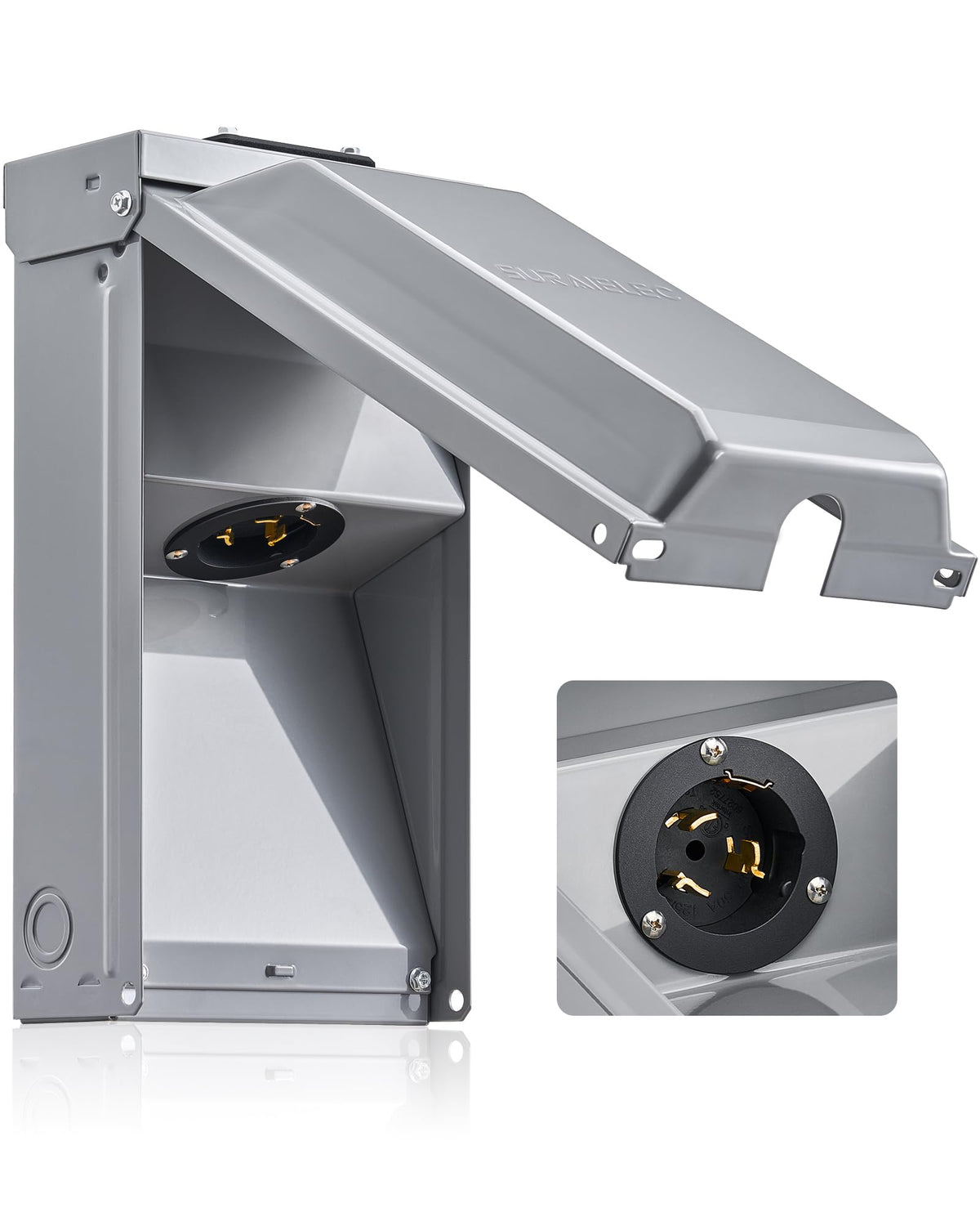 SURAIELEC caja frontal exterior mostrando montaje y protección contra lluvia