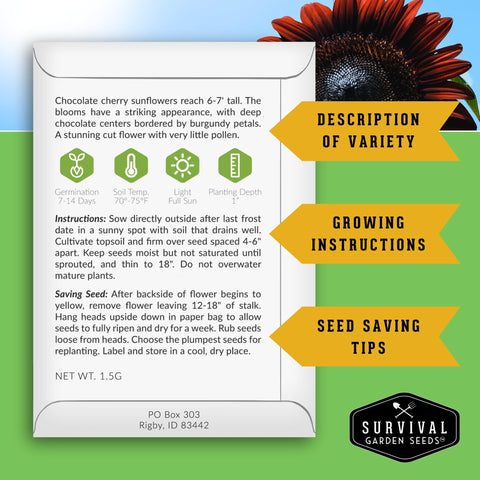 SURVIVAL GARDEN SEEDS detalle de flor burdeos con centro oscuro, impacto ornamental