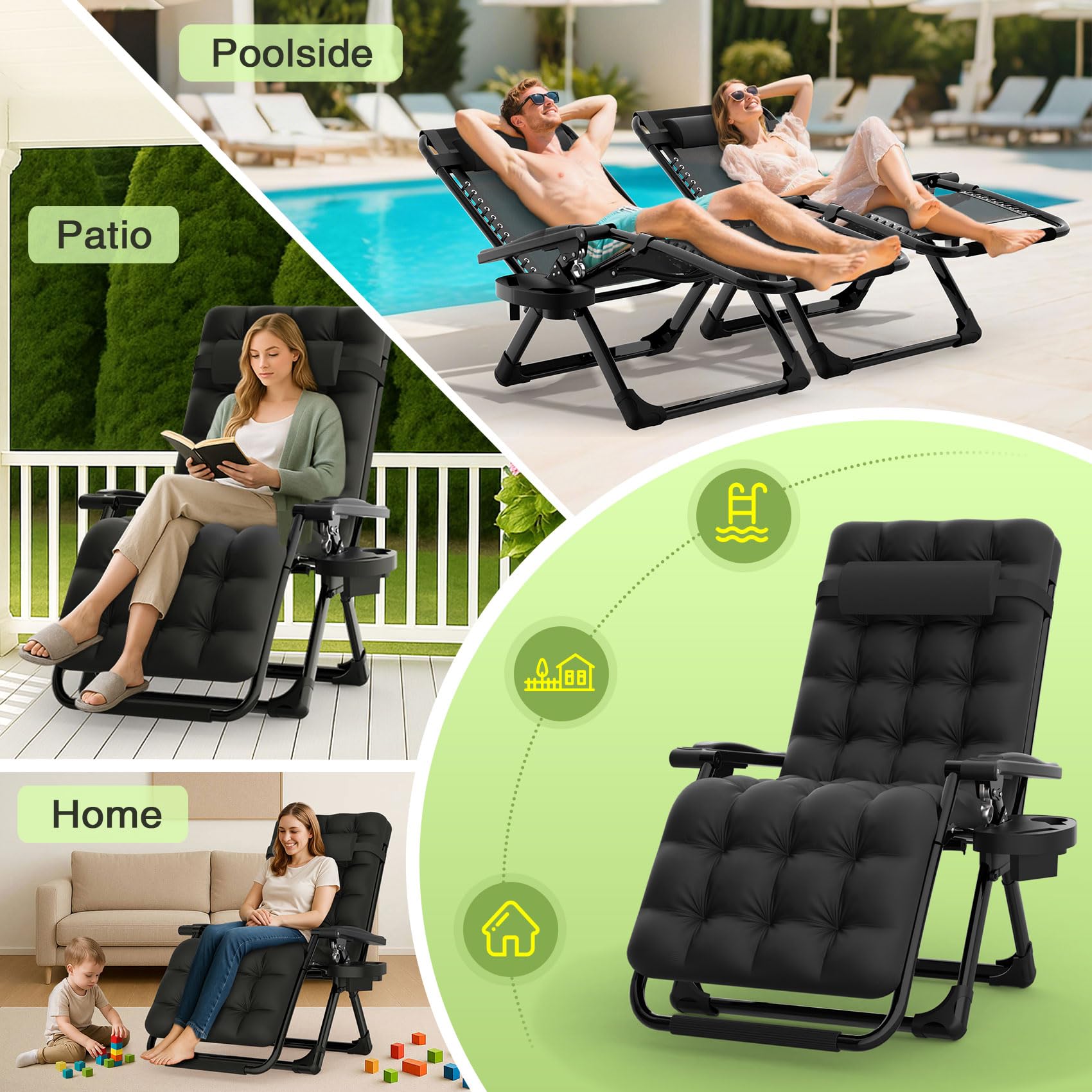 Suteck en patio junto a piscina, relajación al aire libre cómoda