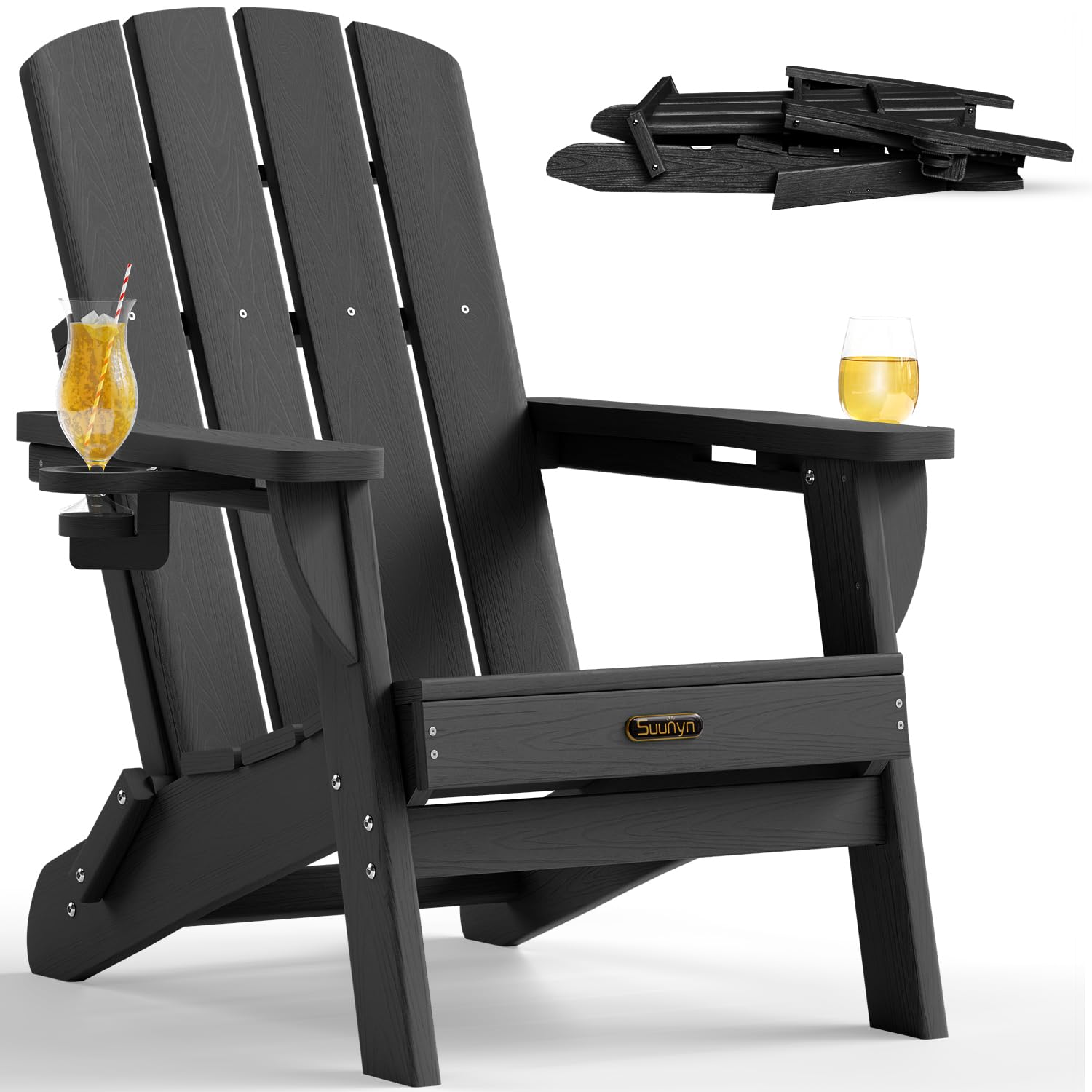 SUUNYN vista frontal de la silla Adirondack negra, cómoda y resistente