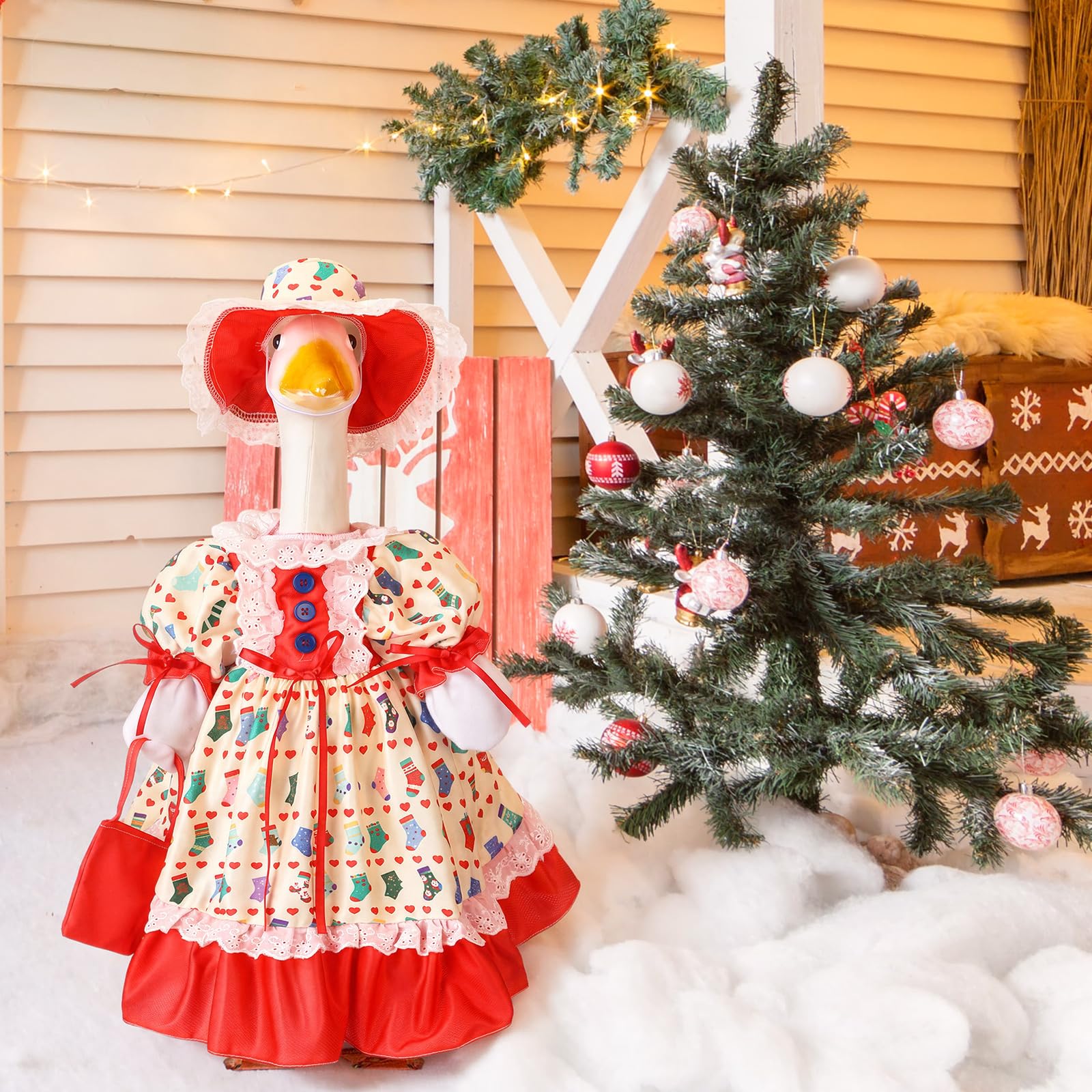 Suzile ganso vestido en jardín decorado para atraer miradas festivas