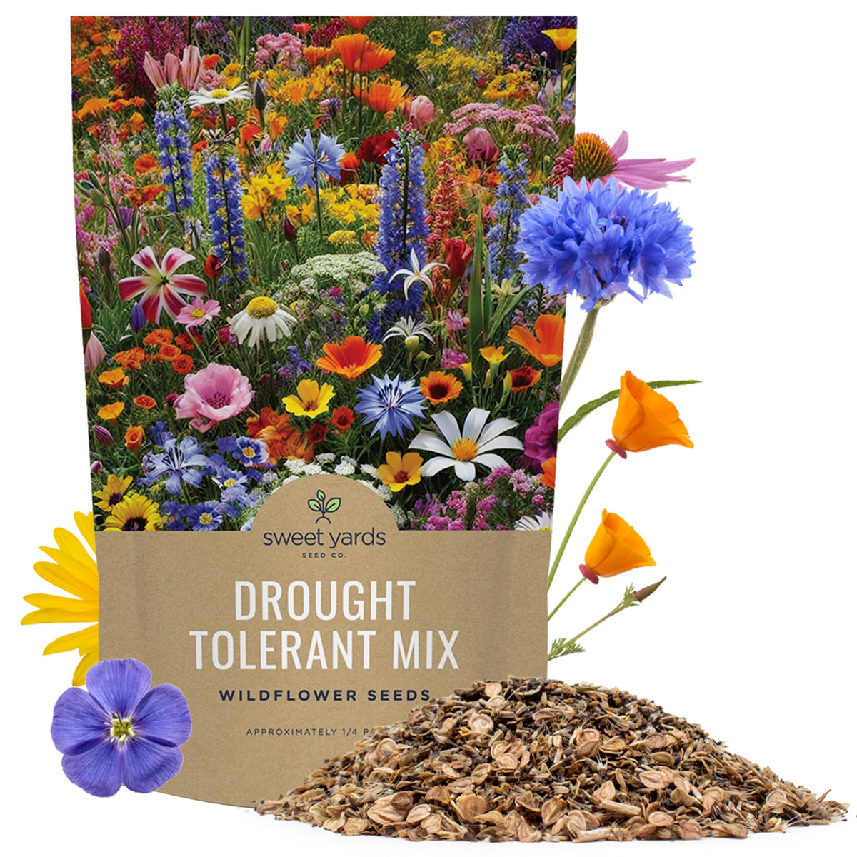 SWEET YARDS empaque frontal mostrando la bolsa a granel y cobertura extensa