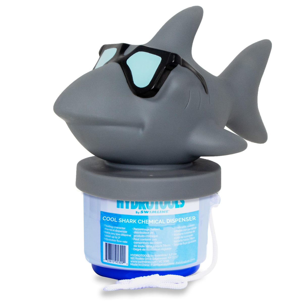 Swimline Cool Shark vista frontal del dispensador, fácil identificación y uso