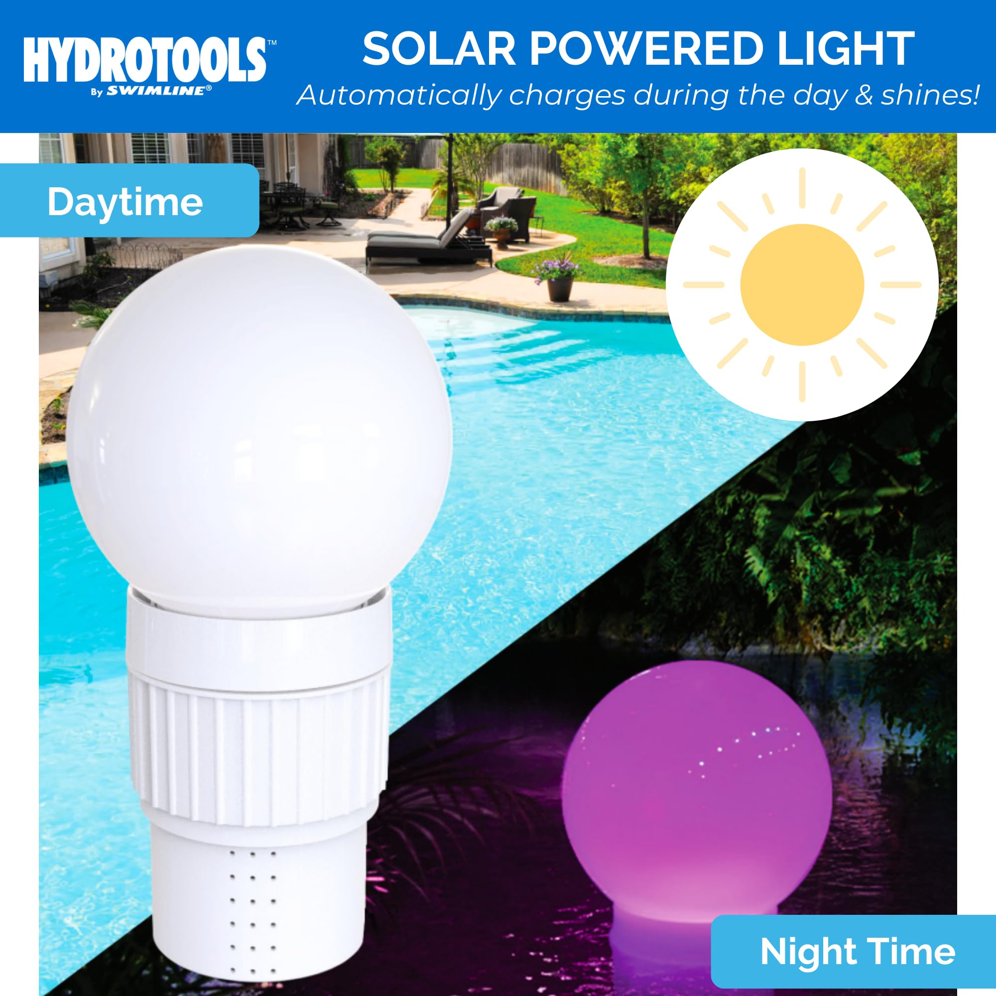 Swimline flotando en piscina de noche con luz colorida, crea ambiente seguro