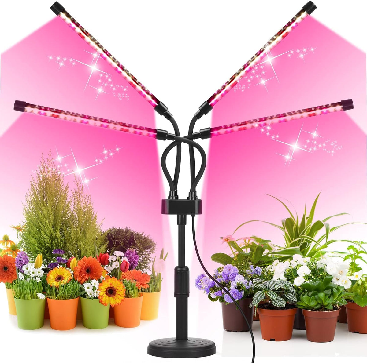 SYEIORAOM frontal con cuatro cabezas iluminando varias macetas, mejora crecimiento