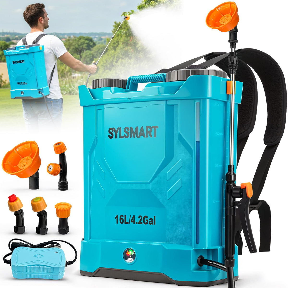 Sylsmart vista frontal del pulverizador mochila mostrando diseño y depósito práctico