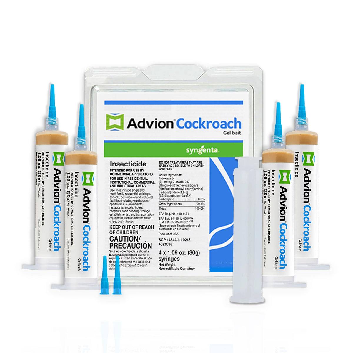 Syngenta Advion frente del empaque mostrando tubos y beneficio control efectivo