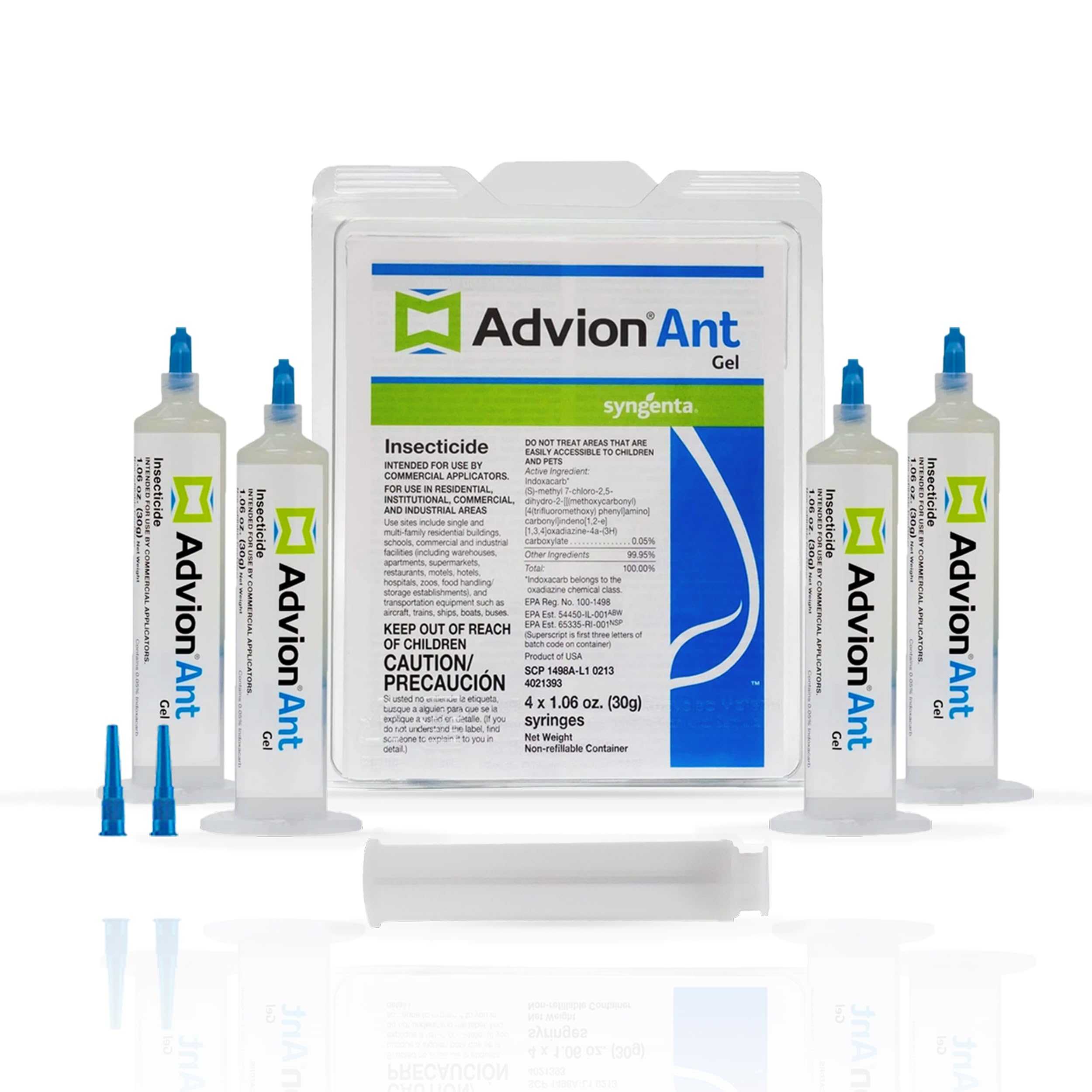 Syngenta Advion gel frontal del envase mostrando las cuatro jeringas, control eficiente
