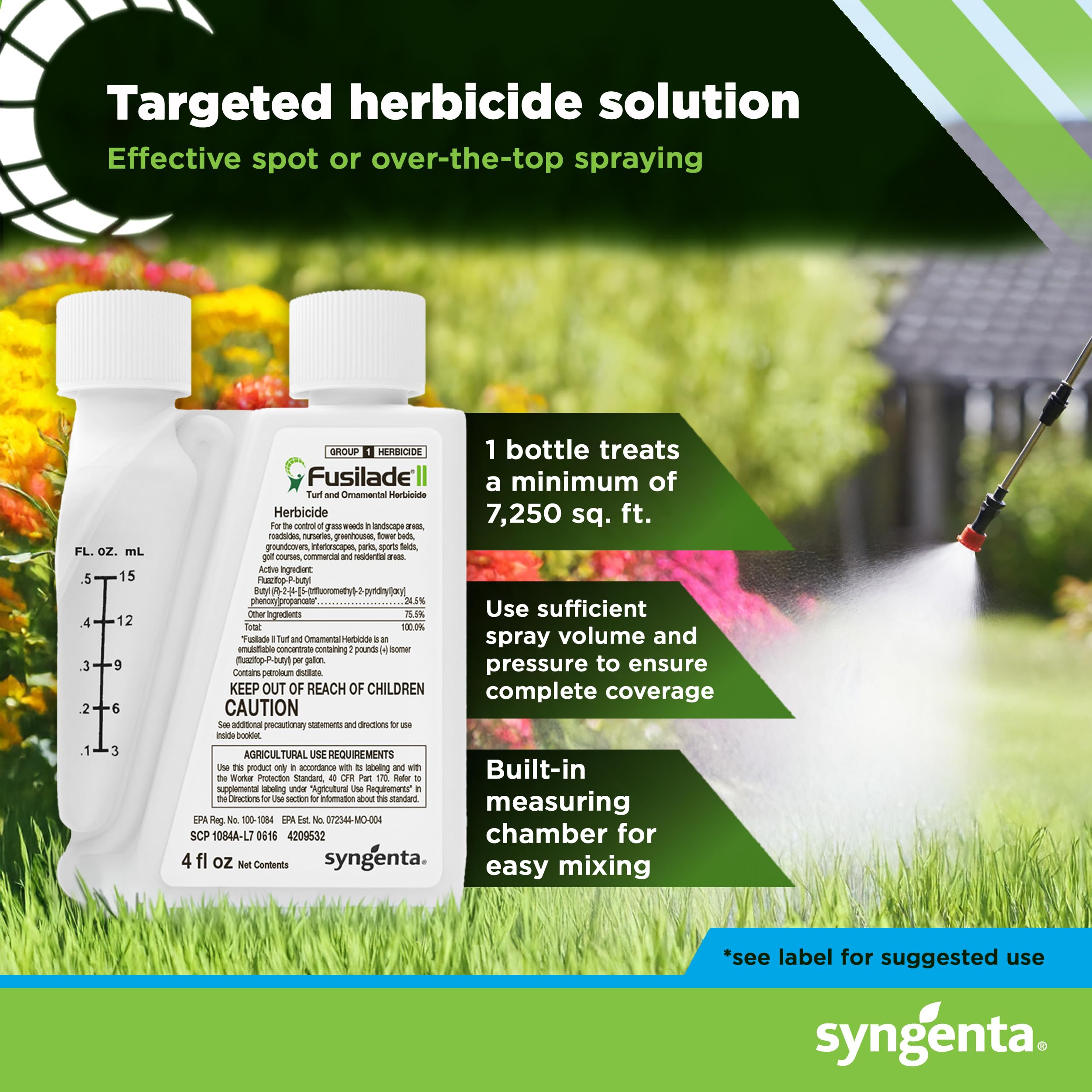 Syngenta Fusilade II botella junto a regla para comparar tamaño y facilitar dosificación