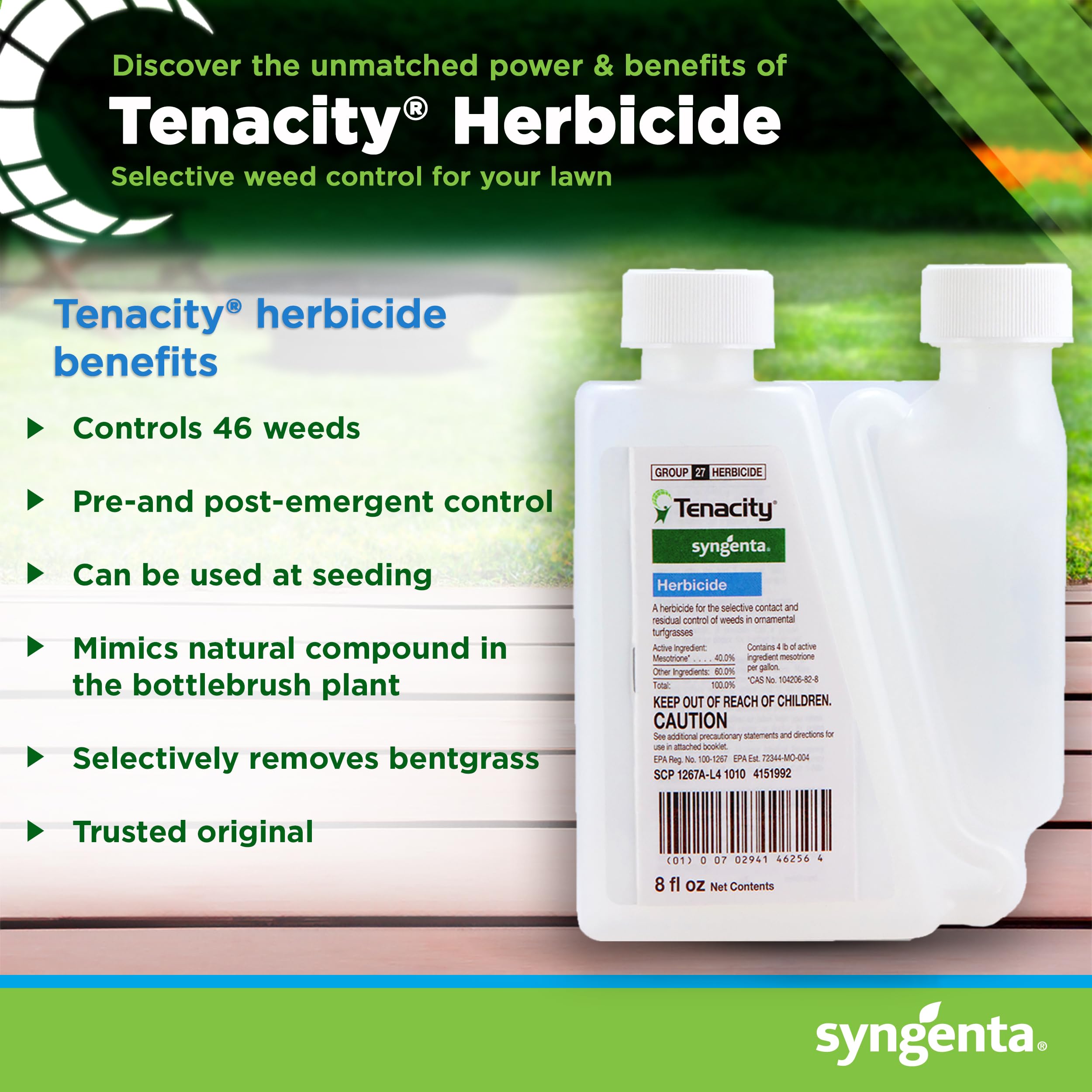 Syngenta Tenacity etiqueta con instrucciones visible y beneficio de aplicación segura