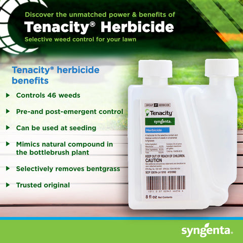 Syngenta Tenacity etiqueta con instrucciones visible y beneficio de aplicación segura