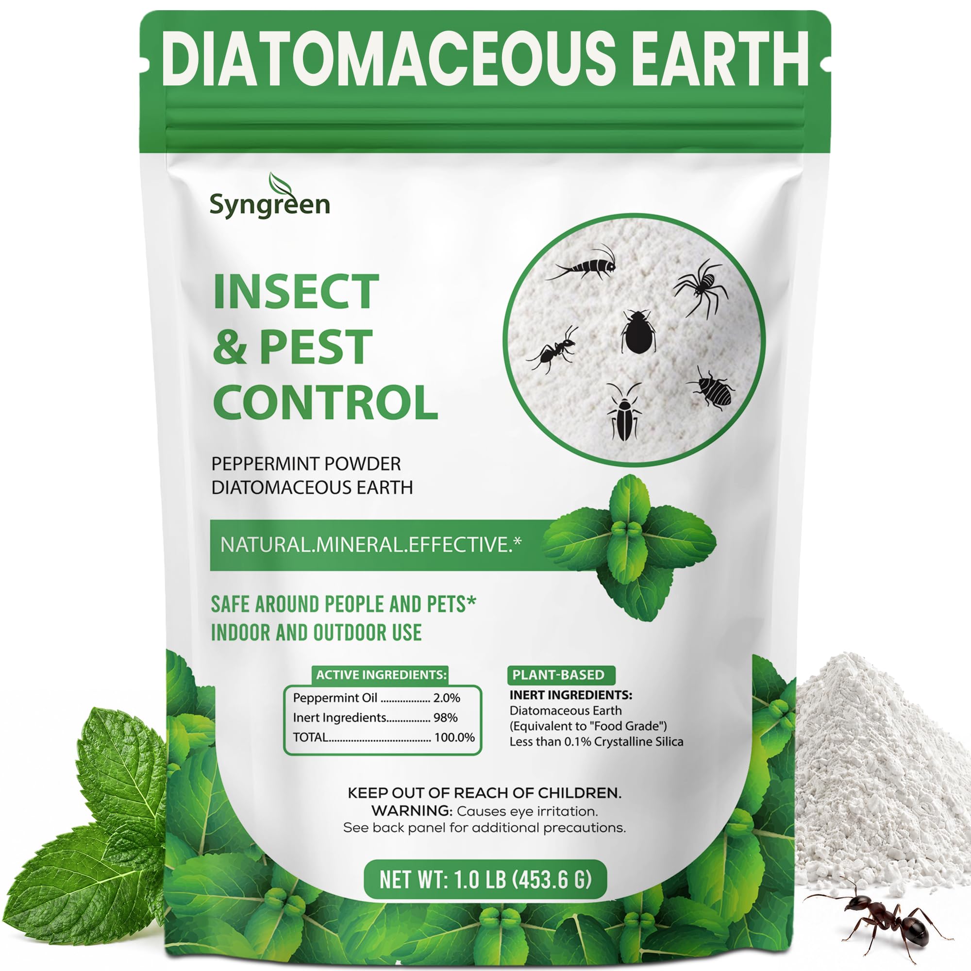 Syngreen empaque frontal mostrando polvo y menta, control natural efectivo
