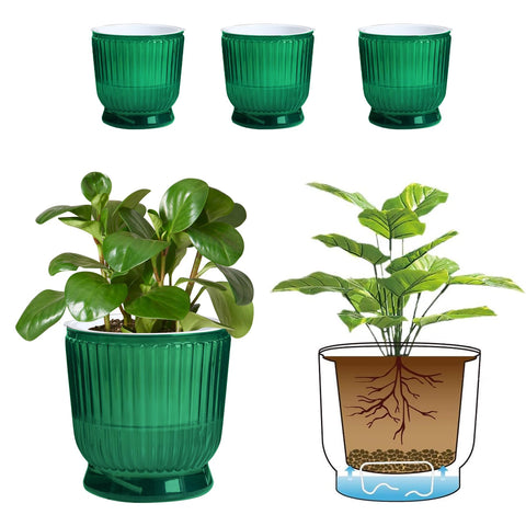 T4U maceta frontal pack 4 mostrando diseño verde y ahorro de riego