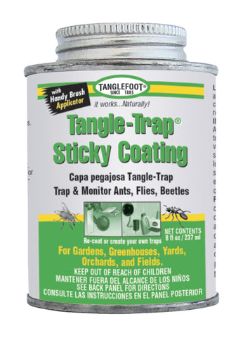 Tanglefoot envase Tangle-Trap 8 oz mostrando etiqueta y beneficio de barrera adhesiva