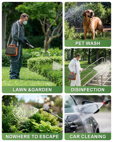 Tarden pulverizador en uso regando plantas, eficiencia en tareas de jardín
