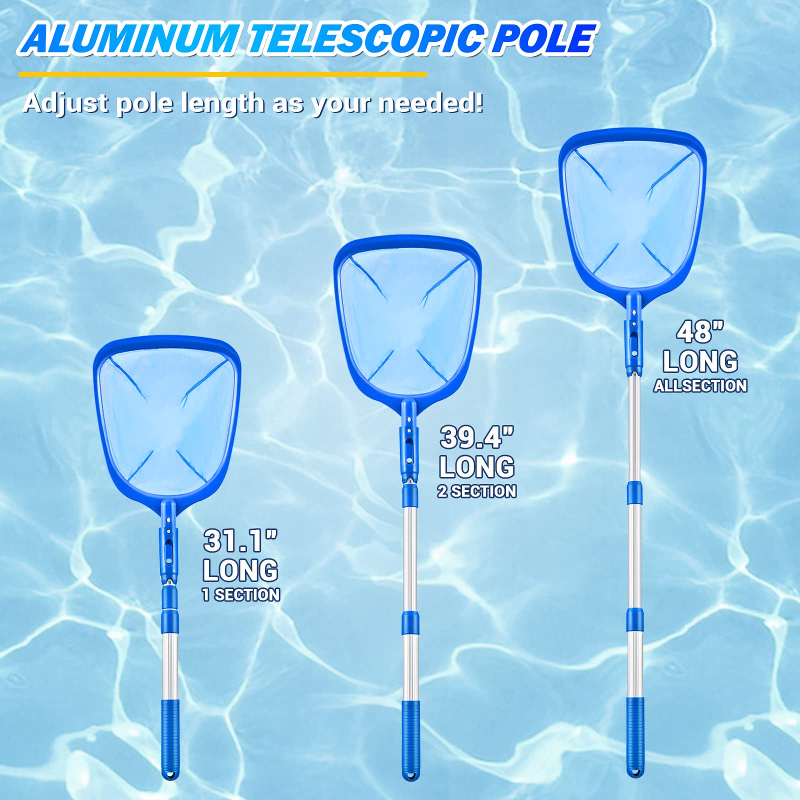 Tavaleu recogedor extendido en uso limpiando la superficie de una piscina