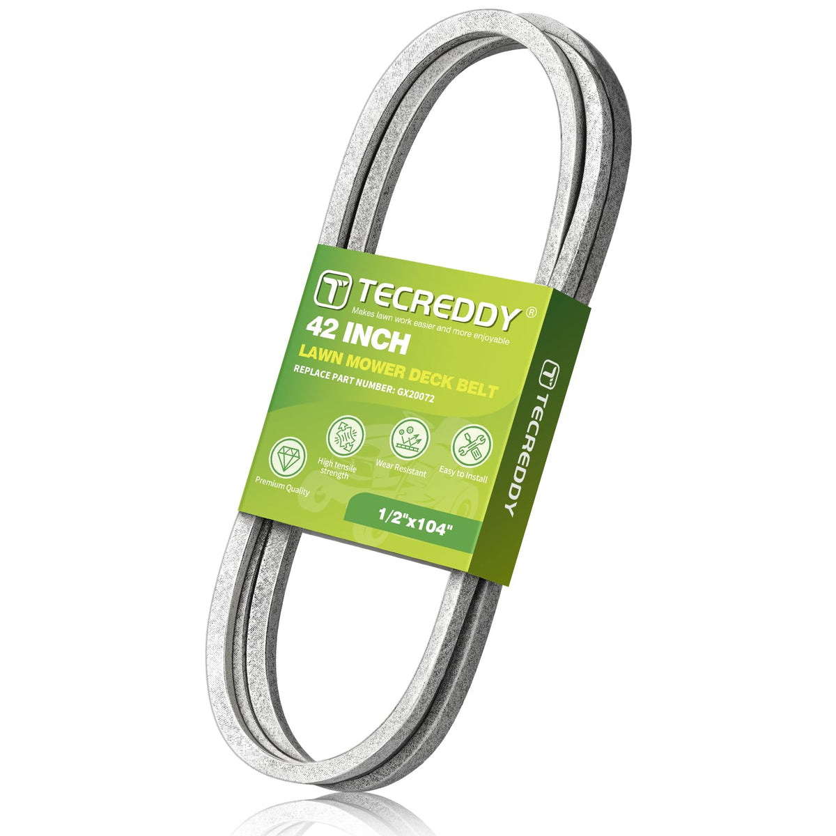 Tecreddy correa frontal en empaque mostrando compatibilidad John Deere y larga duración