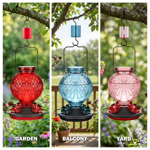 Tegarbed comedero colgado en jardín mostrando integración decorativa
