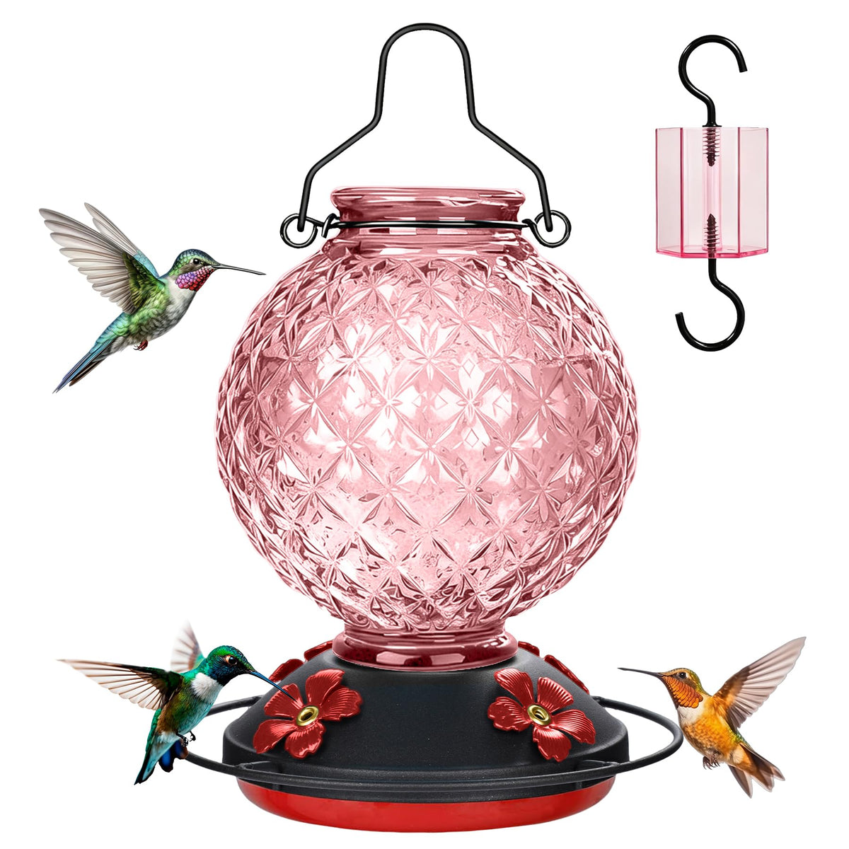 Tegarbed comedero frontal mostrando diseño rosa y capacidad, atrae colibríes fácilmente