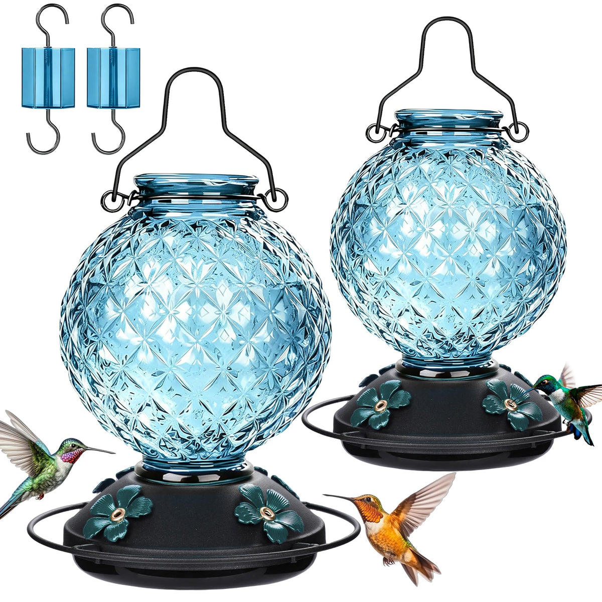 Tegarbed vista frontal azul que atrae colibríes y aporta decoración