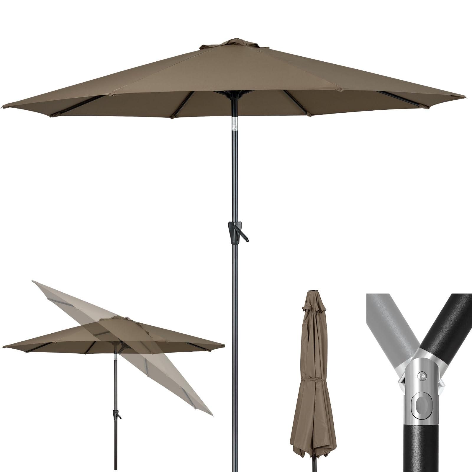 Tempera parasol frontal taupe mostrando cobertura amplia y protección solar
