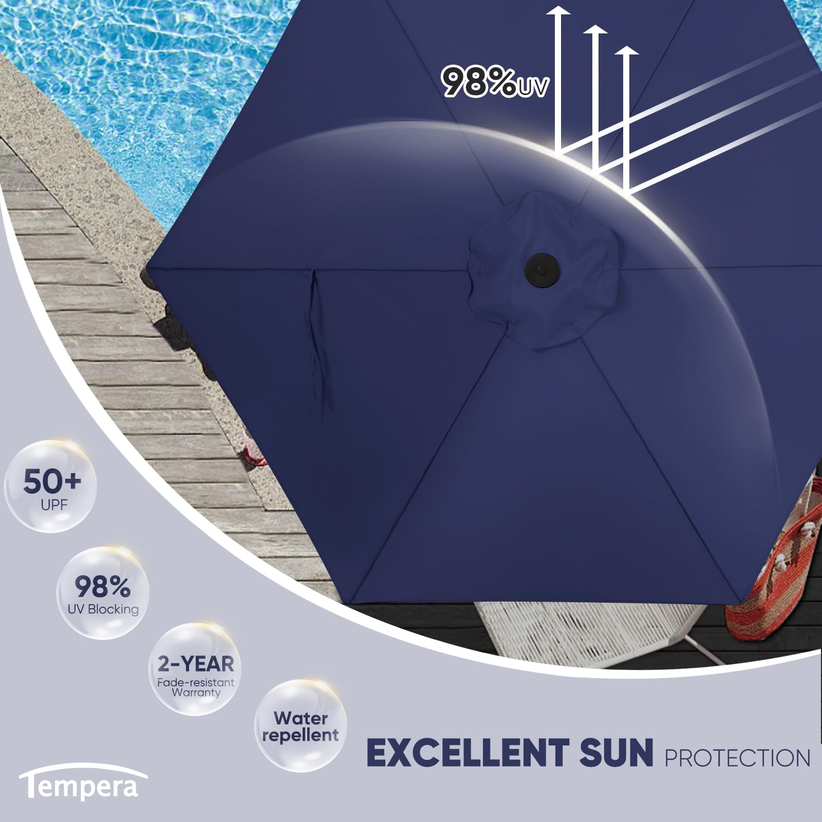 Tempera detalle tela navy, poliéster resistente y color durable