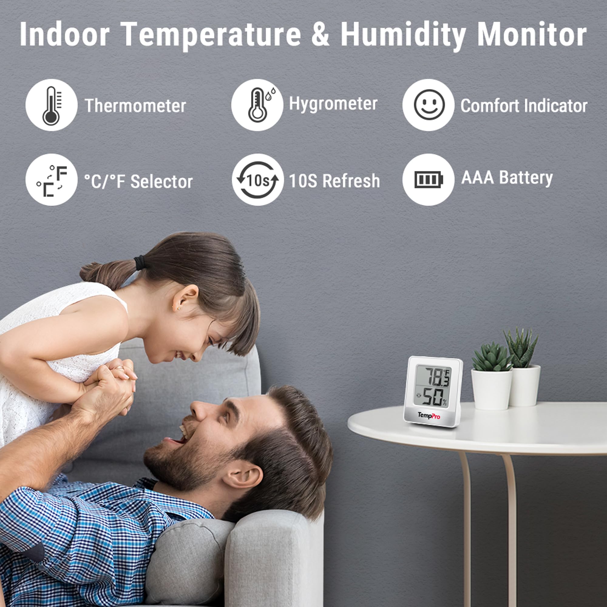 TempPro TP49 primer plano de pantalla con iconos de confort para fácil lectura