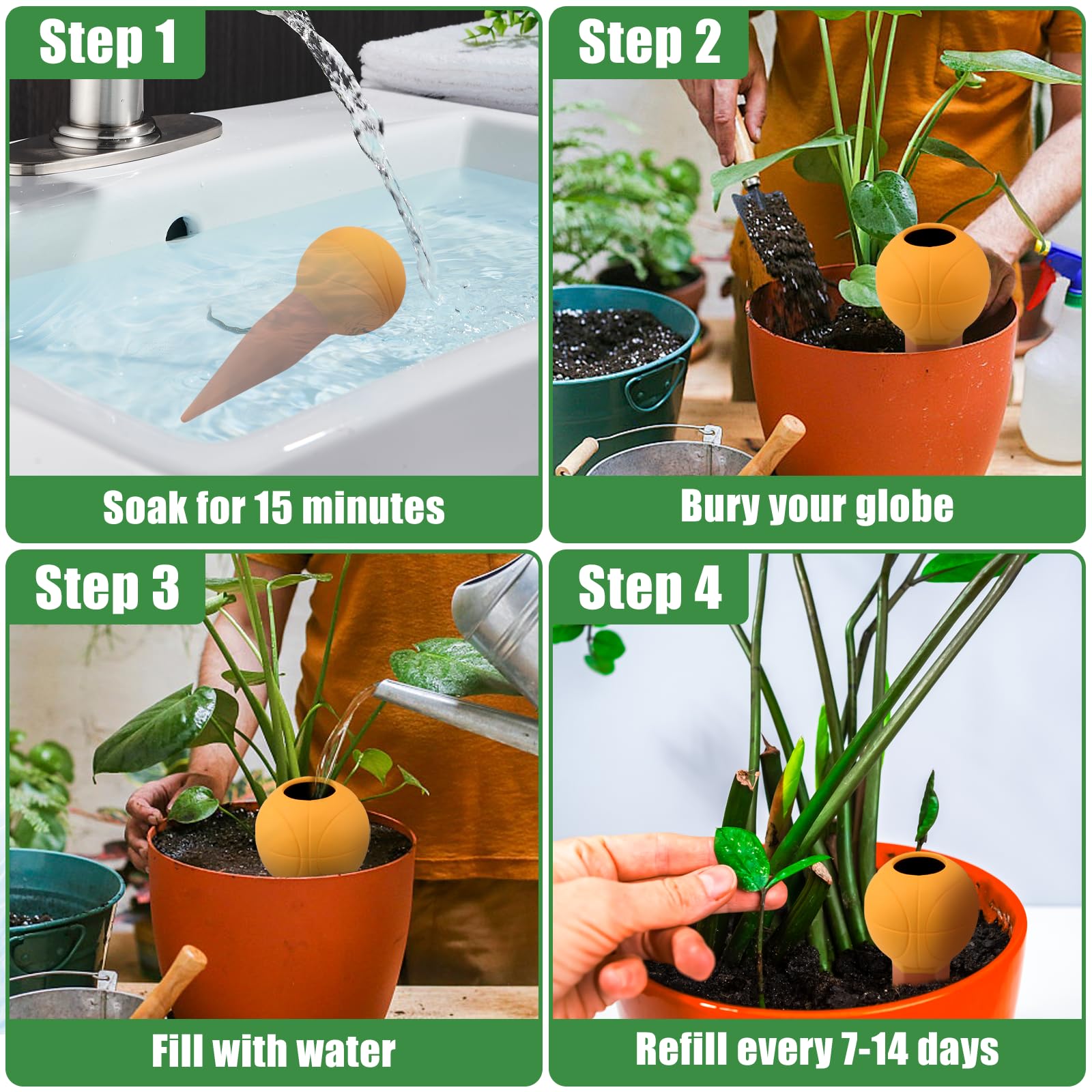 Terracotta Watering Spikes comparación de tamaño junto a una mano para escala