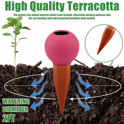 Terracotta Watering Spikes colocado en maceta entregando agua a raíces